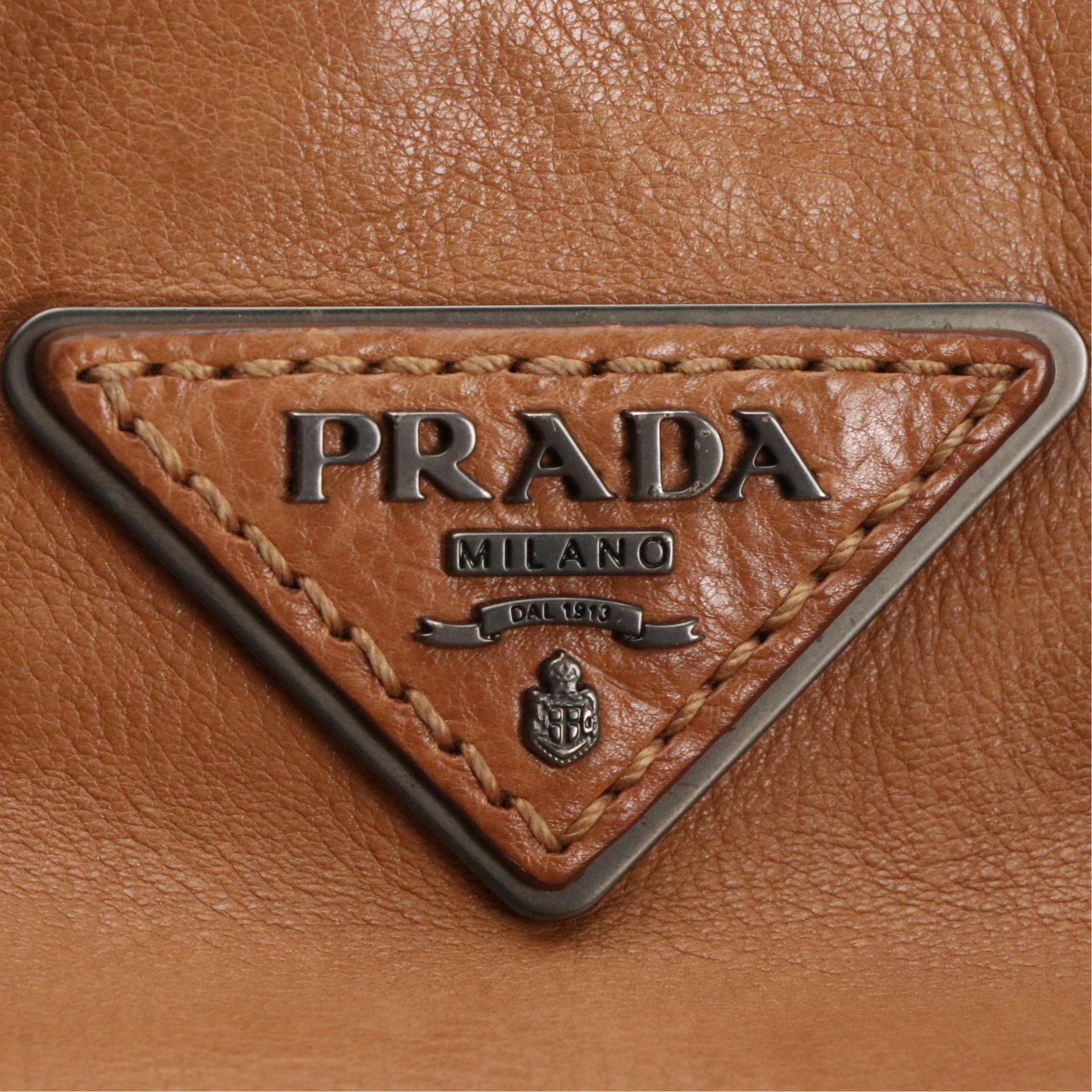 Prada Top Handle Two-Way Zip Tote Bag in Brown Calfskin Leather