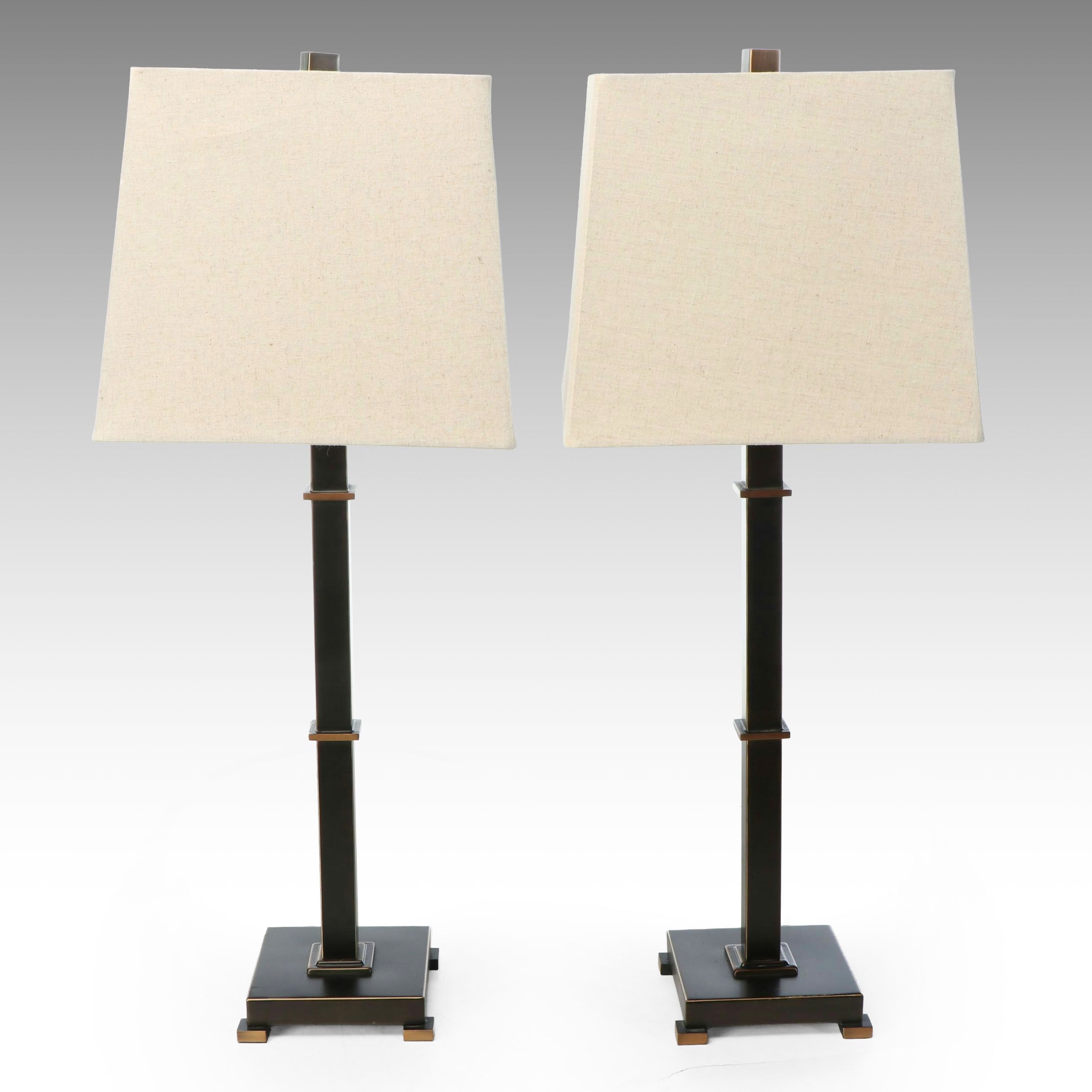 Havertys Oil Rubbed Bronze Skinny Pillar Table Lamps with Slubbed Cotton Shades