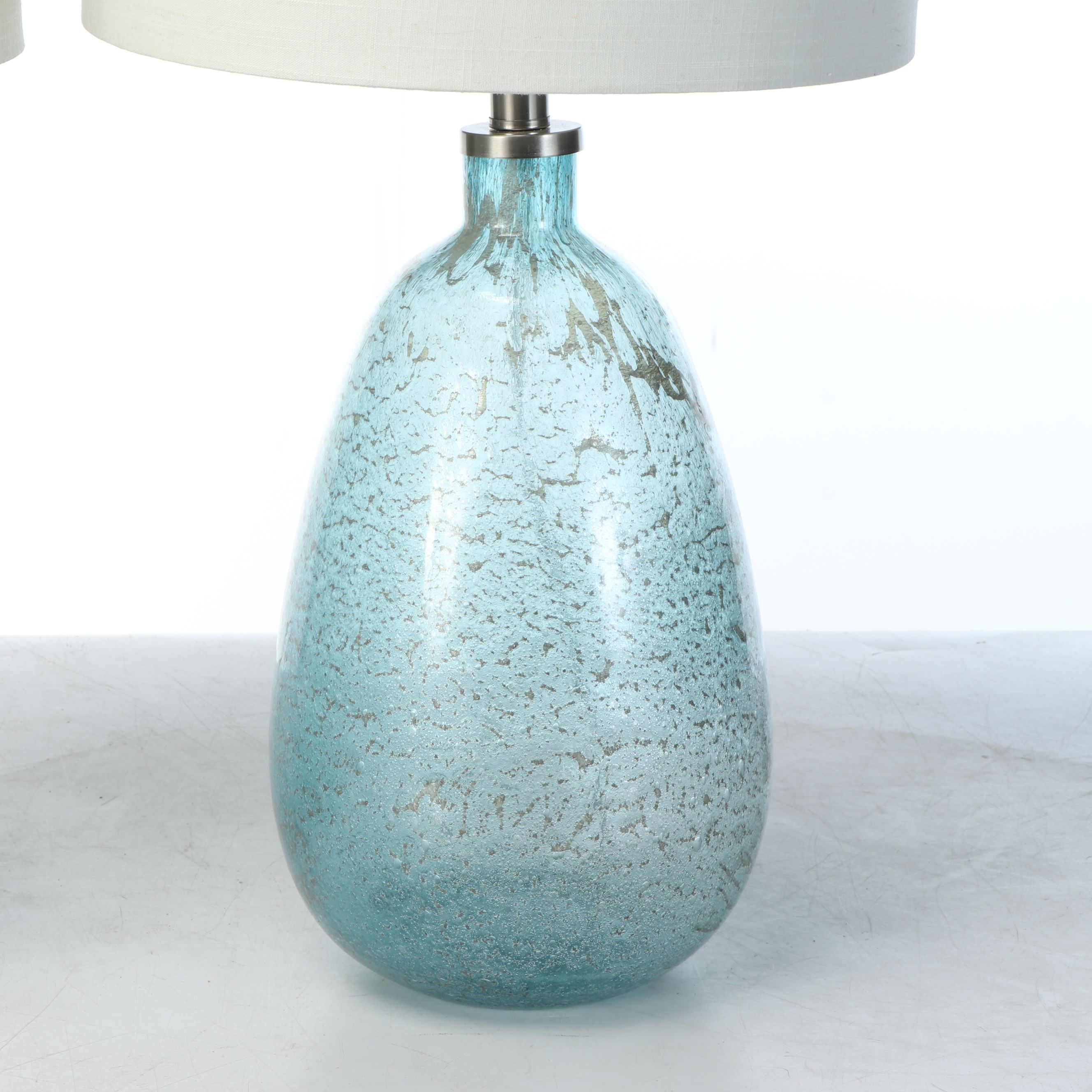 Aqua Seed Glass Vessel Table Lamps with Cotton Drum Shades