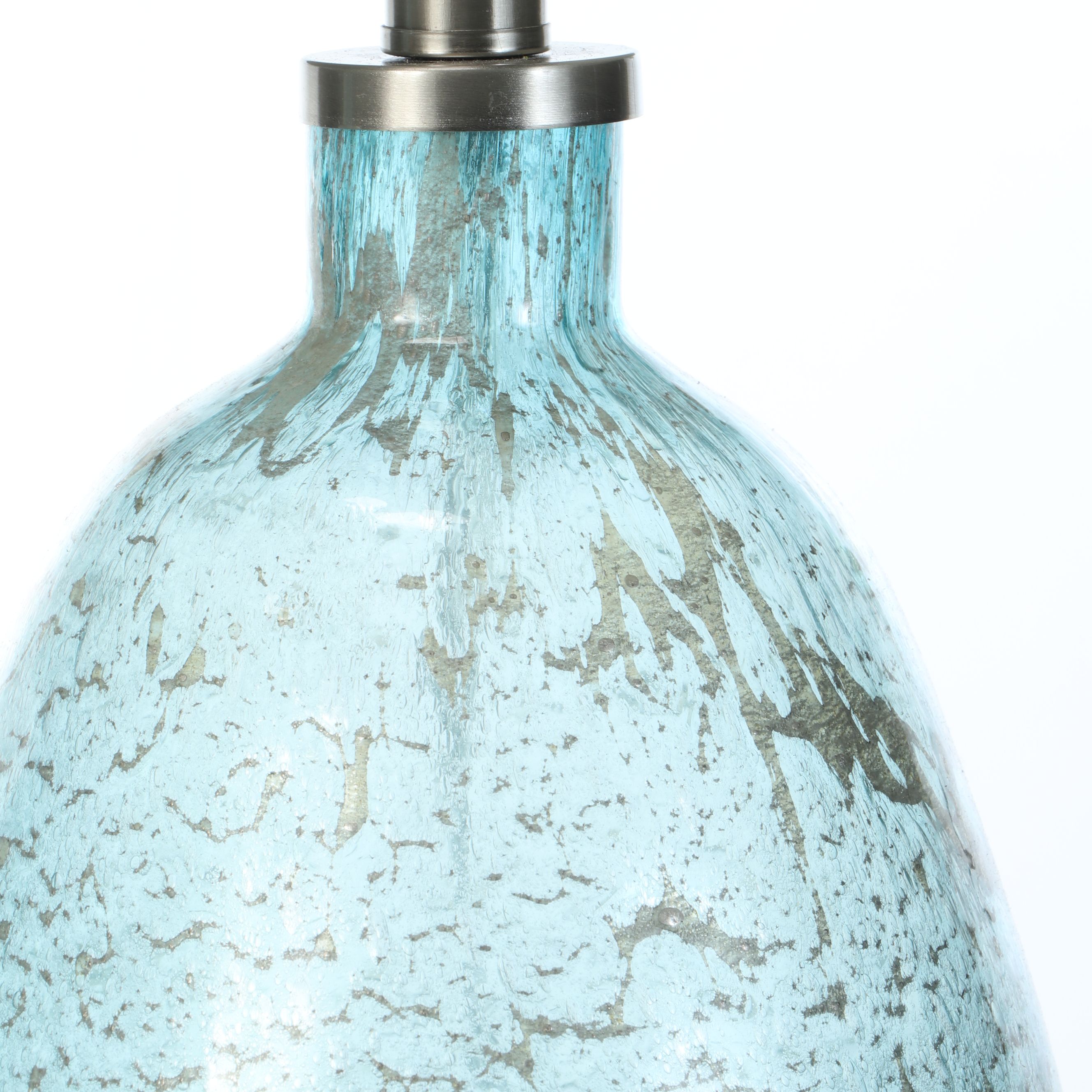 Aqua Seed Glass Vessel Table Lamps with Cotton Drum Shades