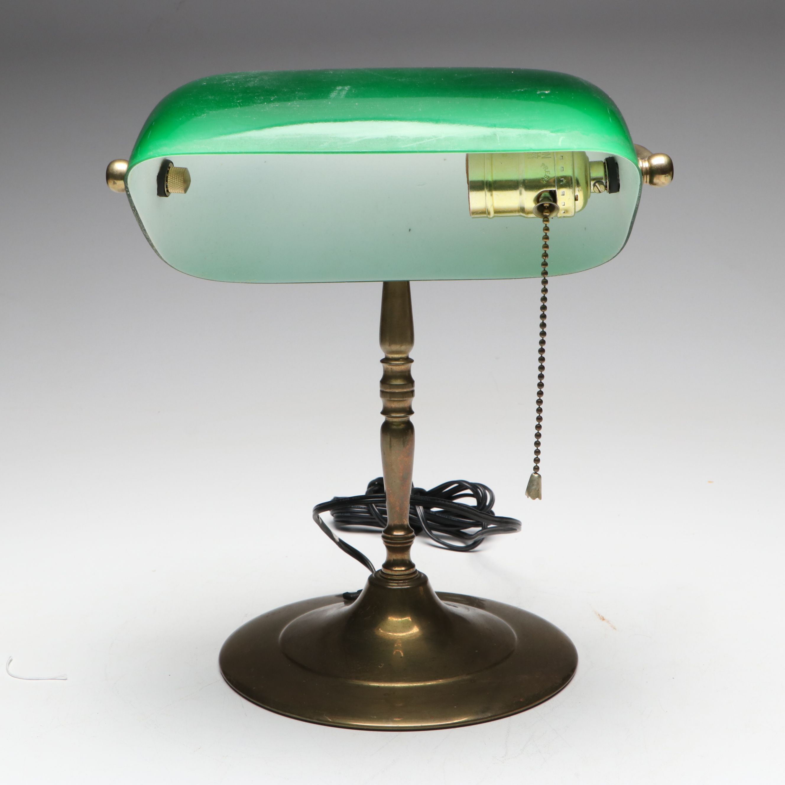 Brass Banker's Desk Lamp with Cased Green Shade, Vintage