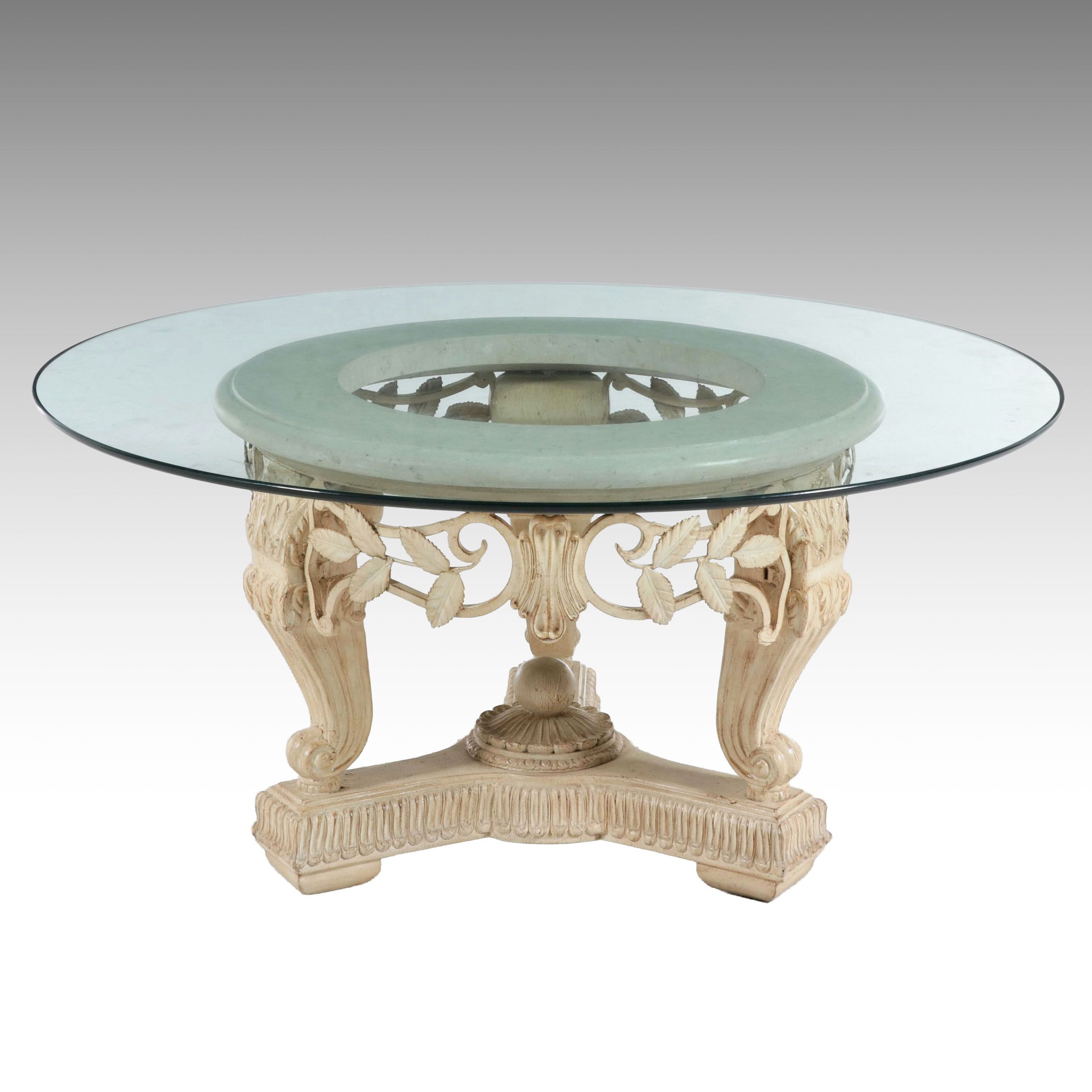 Neoclassical Style Circular Coffee Table with Stone Ring and Glass Top