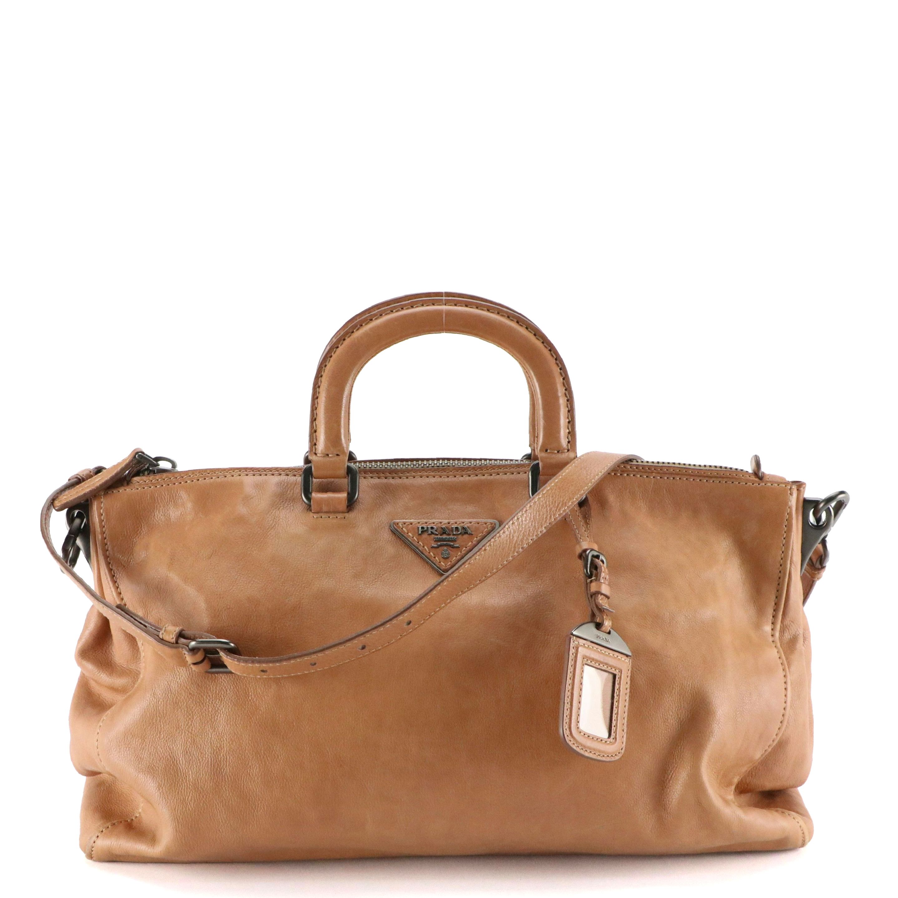 Prada Top Handle Two-Way Zip Tote Bag in Brown Calfskin Leather
