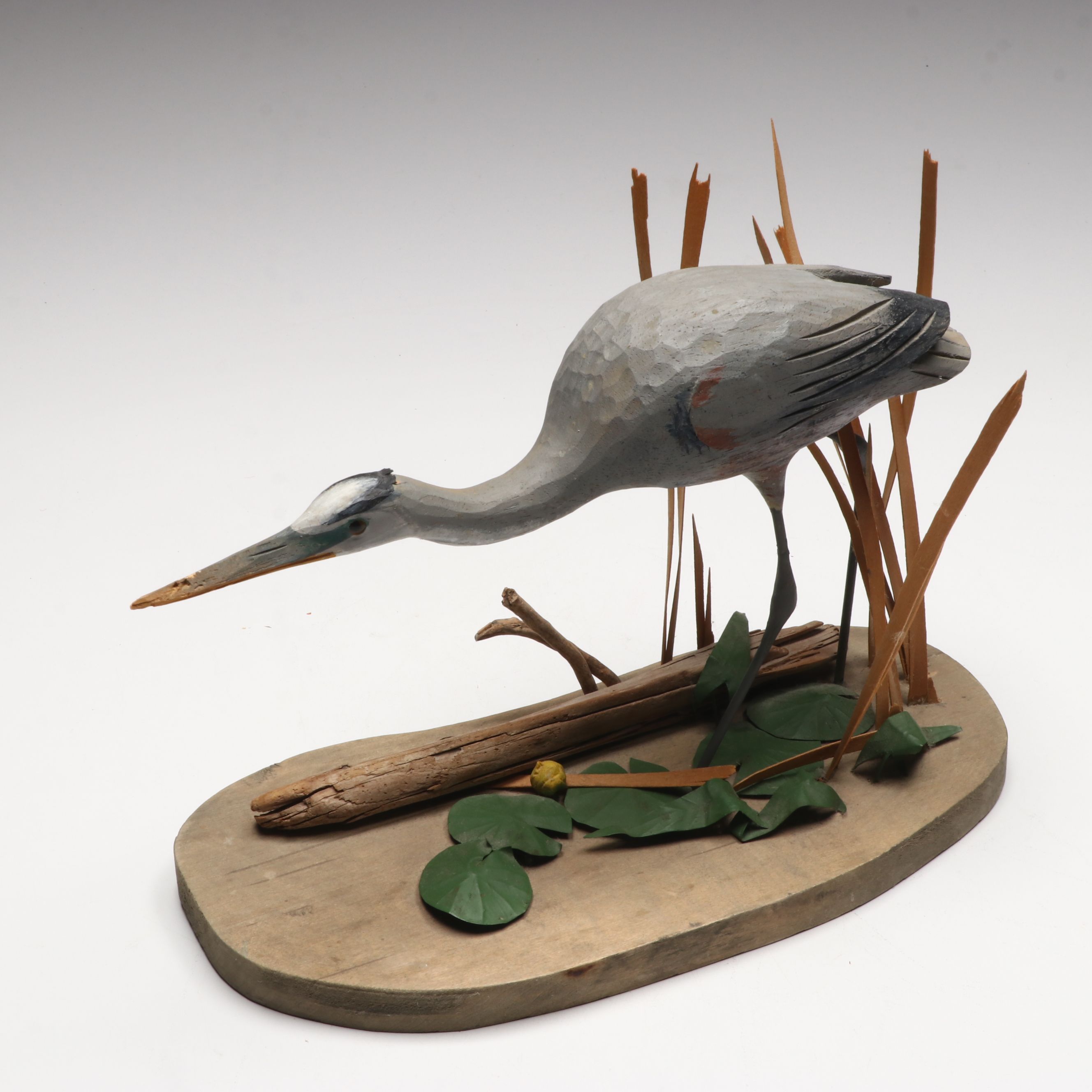 Artist Signed Carved Wood "Great Blue Heron" and "Green Heron" Figures