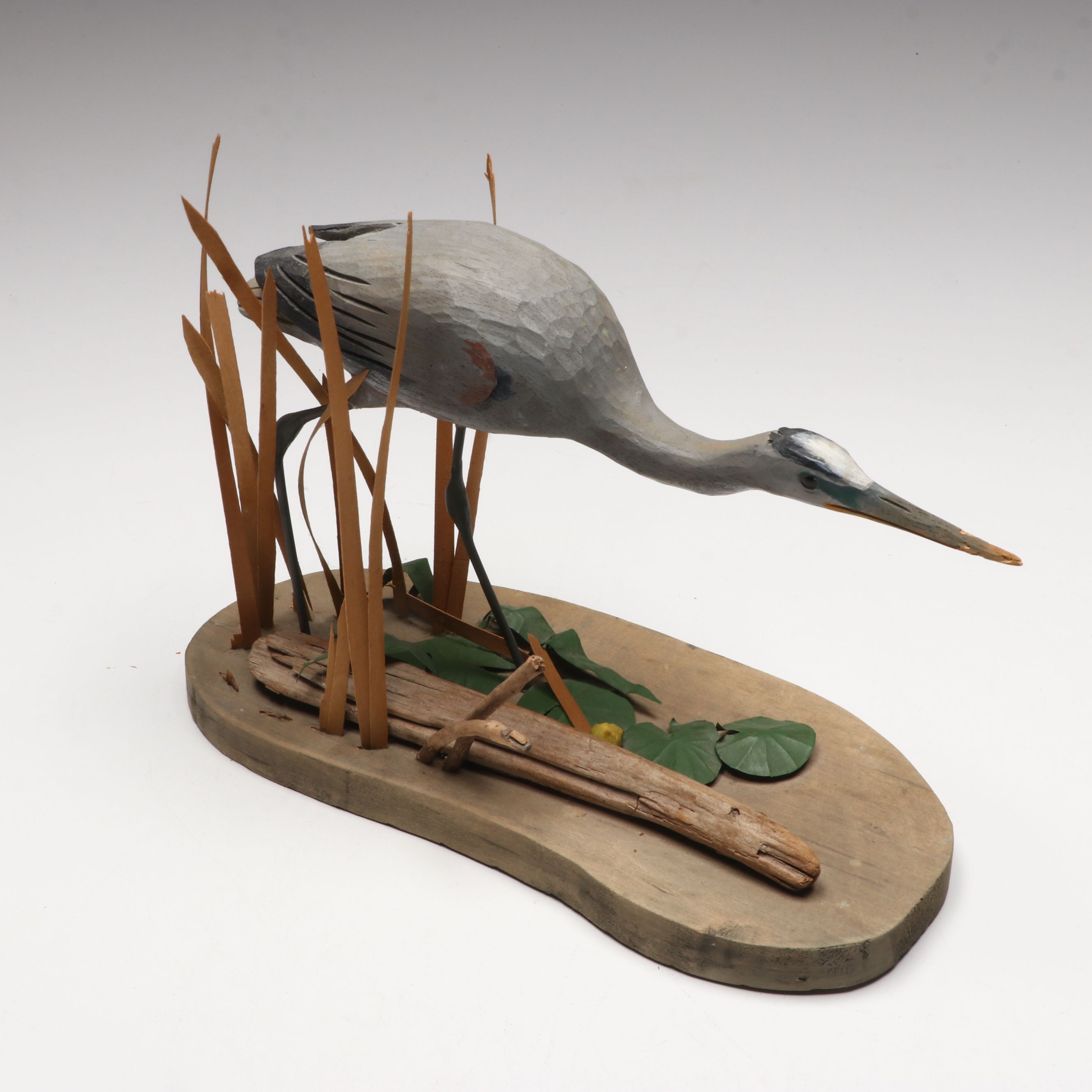 Artist Signed Carved Wood "Great Blue Heron" and "Green Heron" Figures
