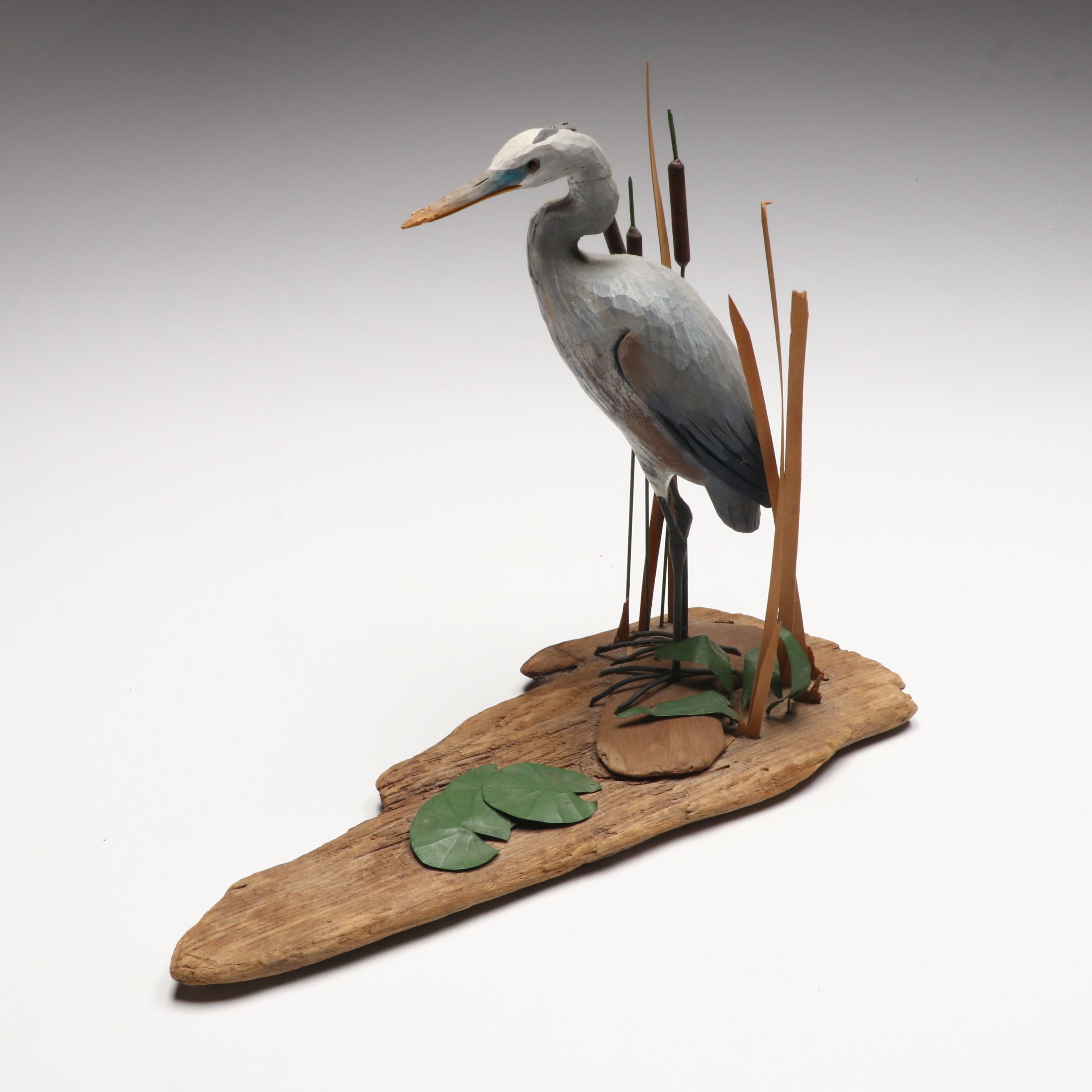Artist Signed Carved Wood "Great Blue Heron" and "Green Heron" Figures