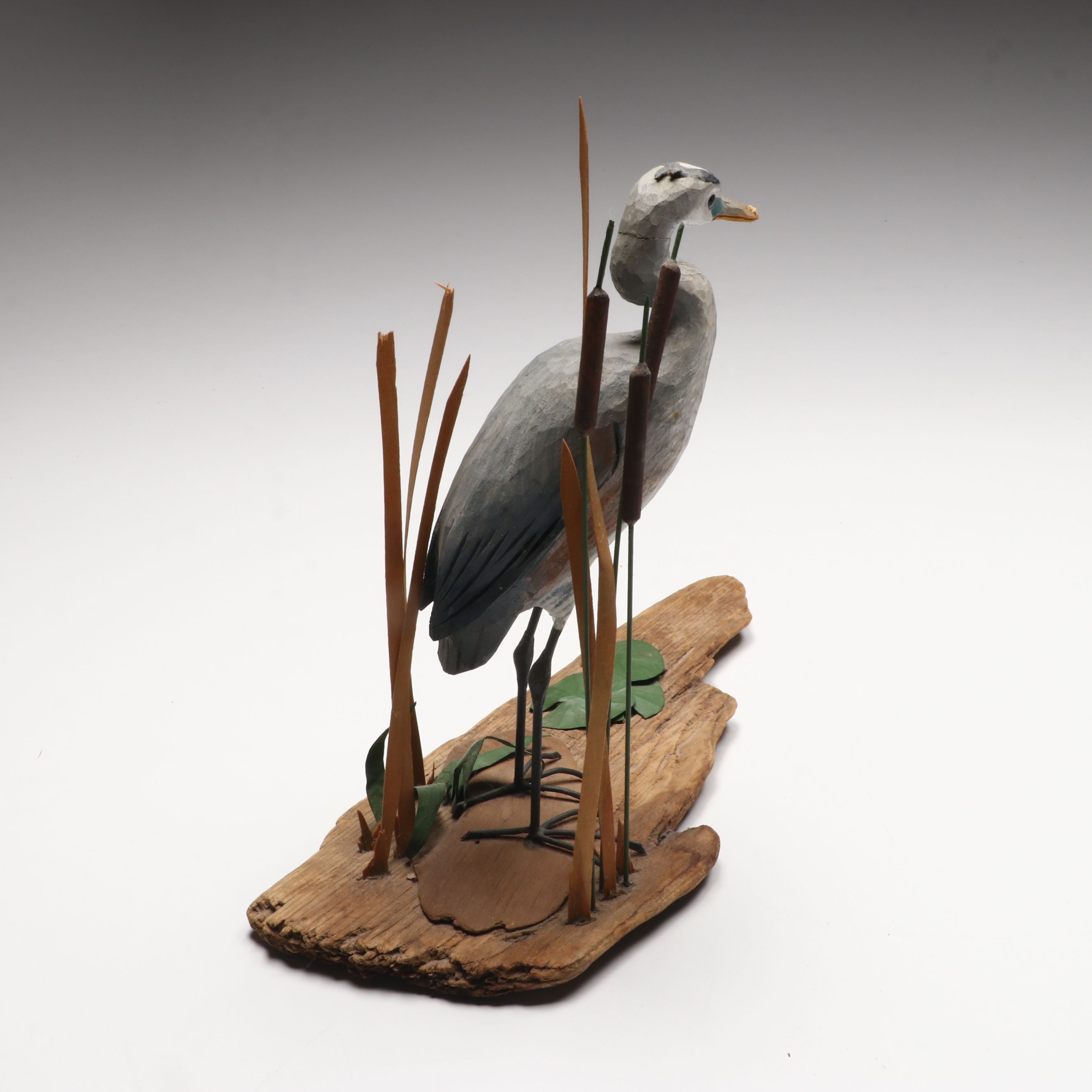 Artist Signed Carved Wood "Great Blue Heron" and "Green Heron" Figures
