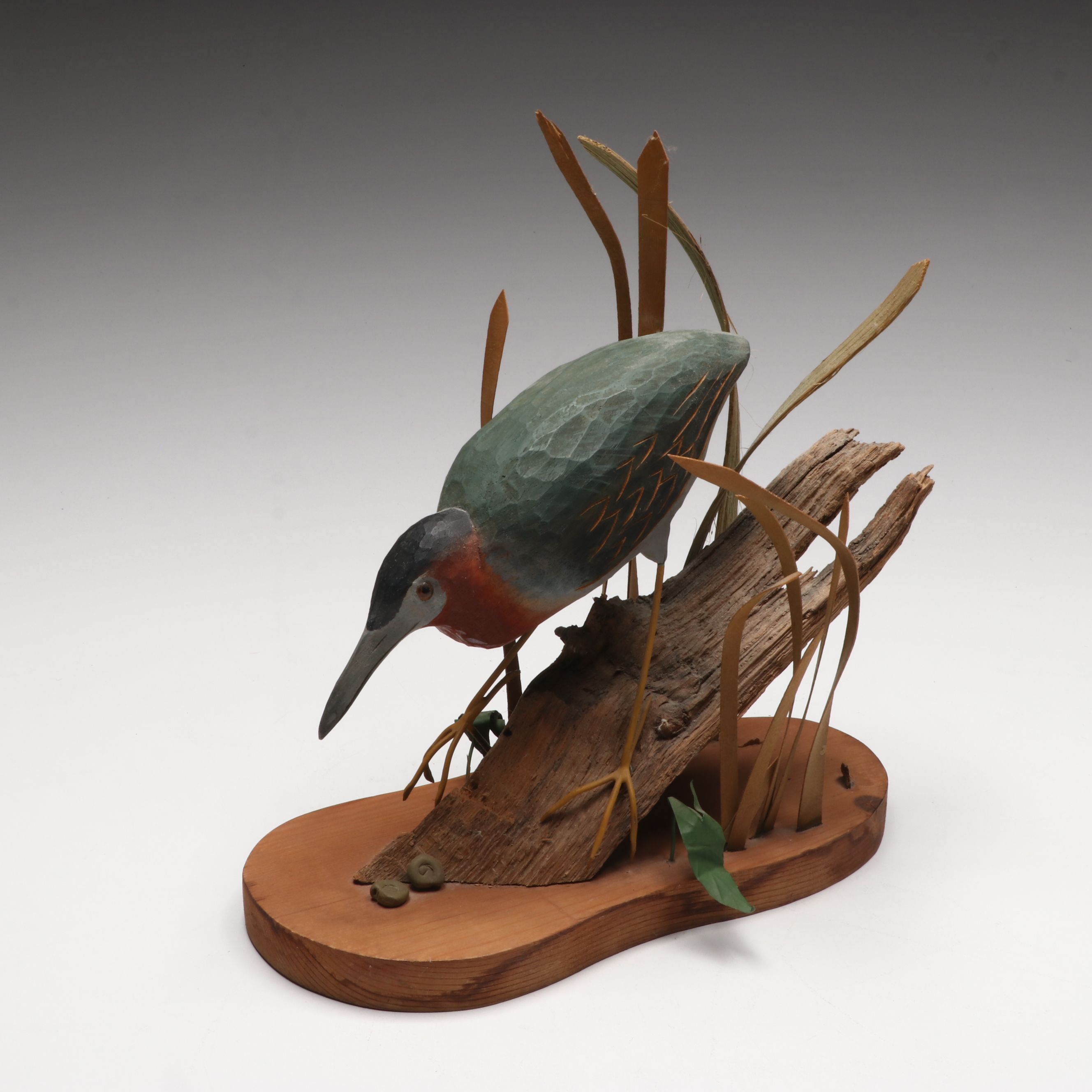 Artist Signed Carved Wood "Great Blue Heron" and "Green Heron" Figures