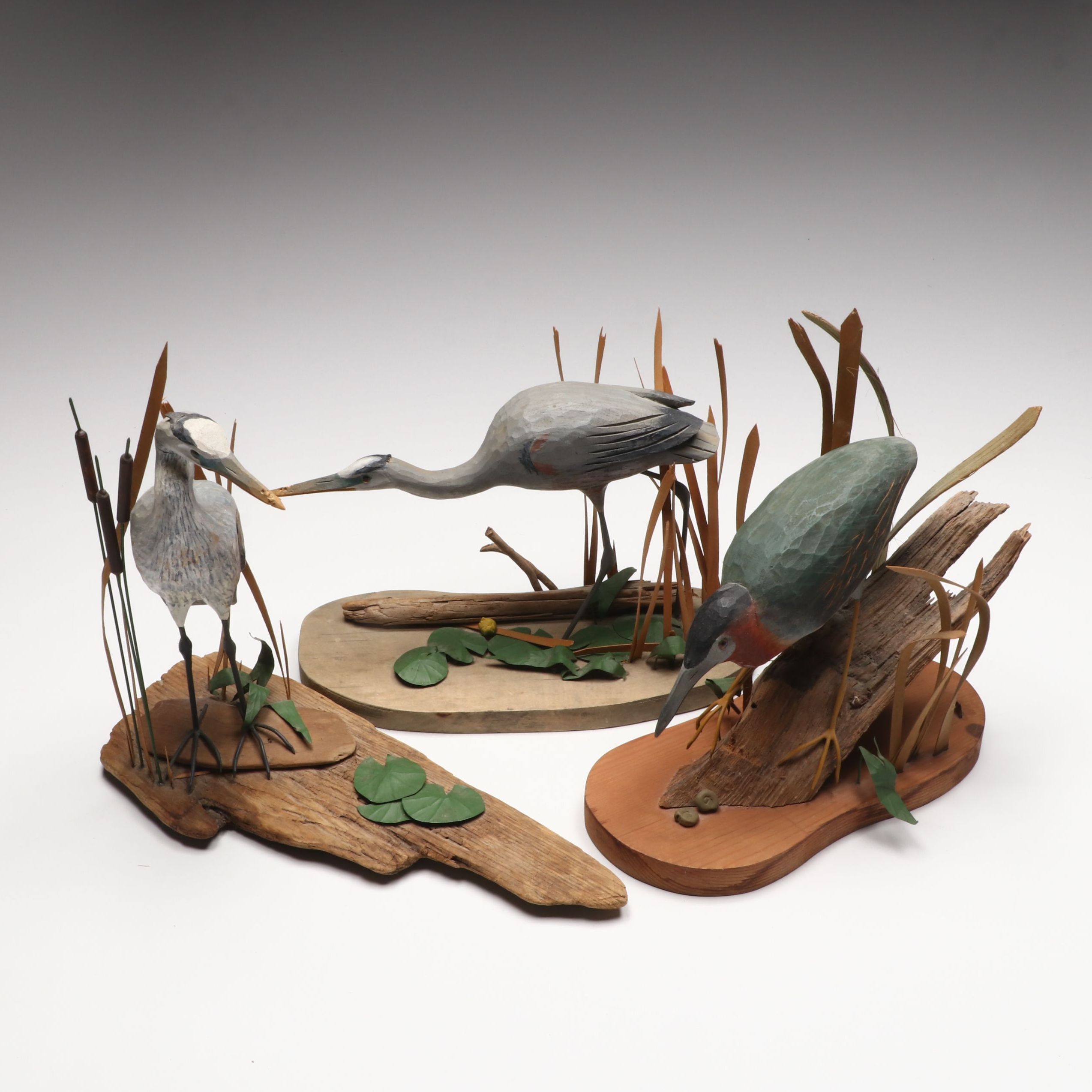 Artist Signed Carved Wood "Great Blue Heron" and "Green Heron" Figures