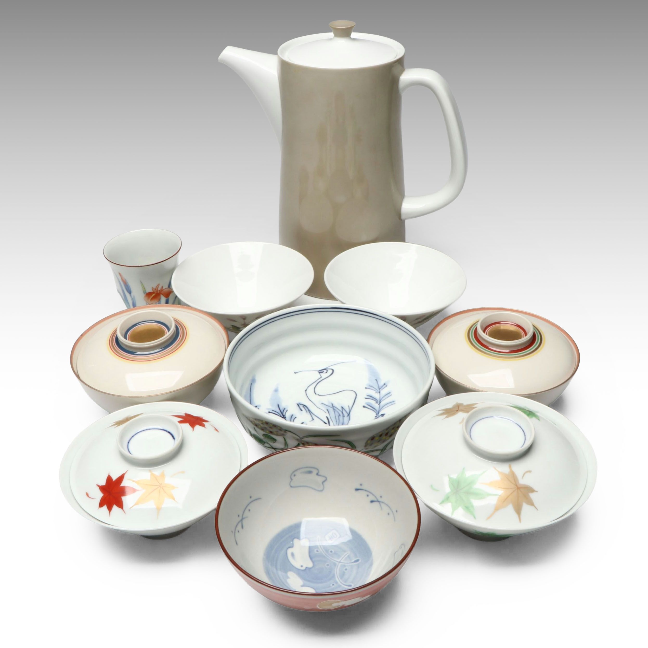 Sango Coffee Pot with Other Japanese Ceramic Covered Bowls and Tableware