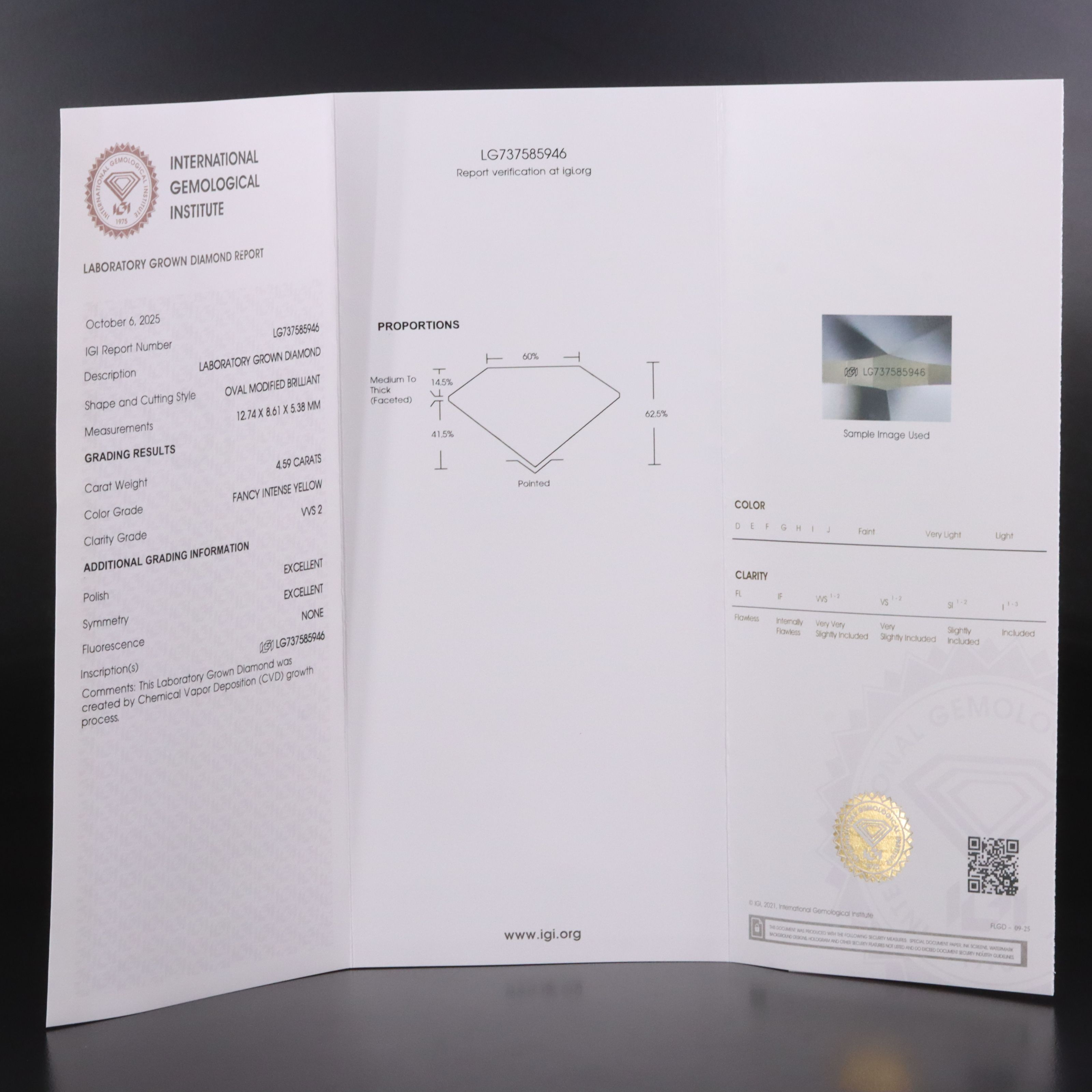 18K 5.13 CTW Lab Grown Diamond Ring with Fancy Intense Yellow Center, IGI Report