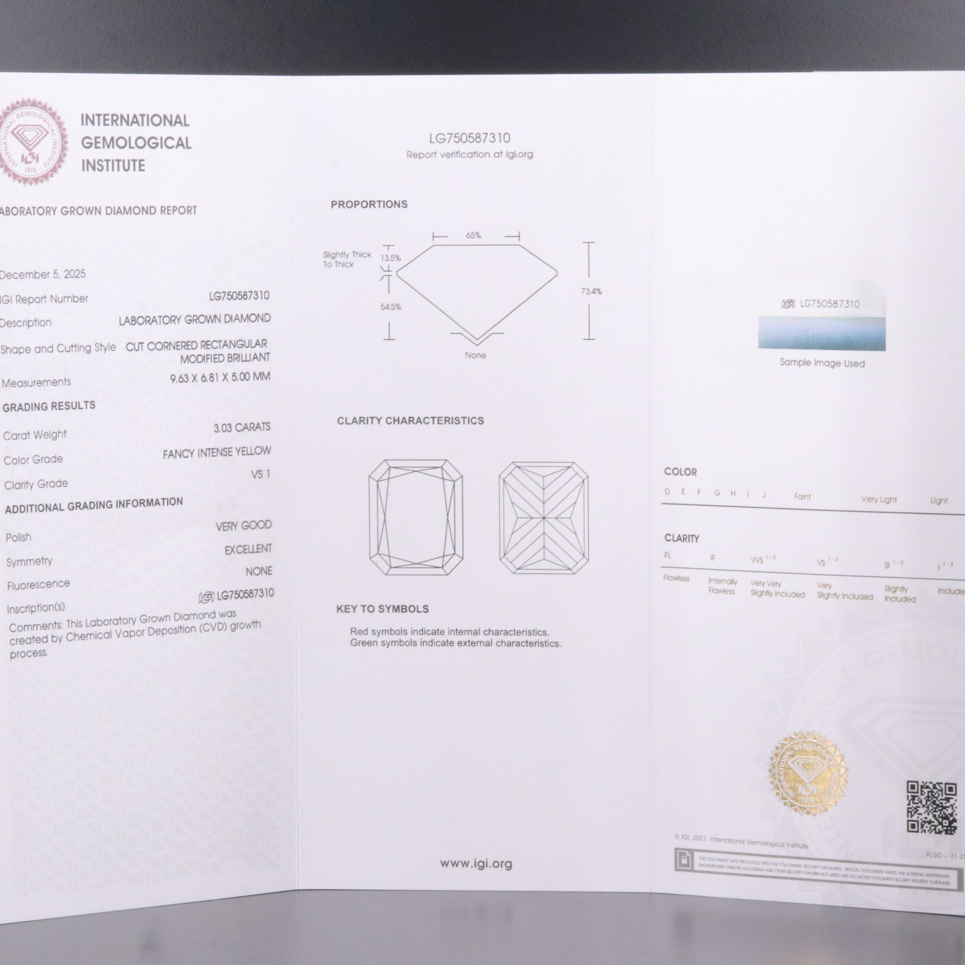 Loose 3.03 CT Lab Grown Fancy Intense Yellow Diamond with IGI Report