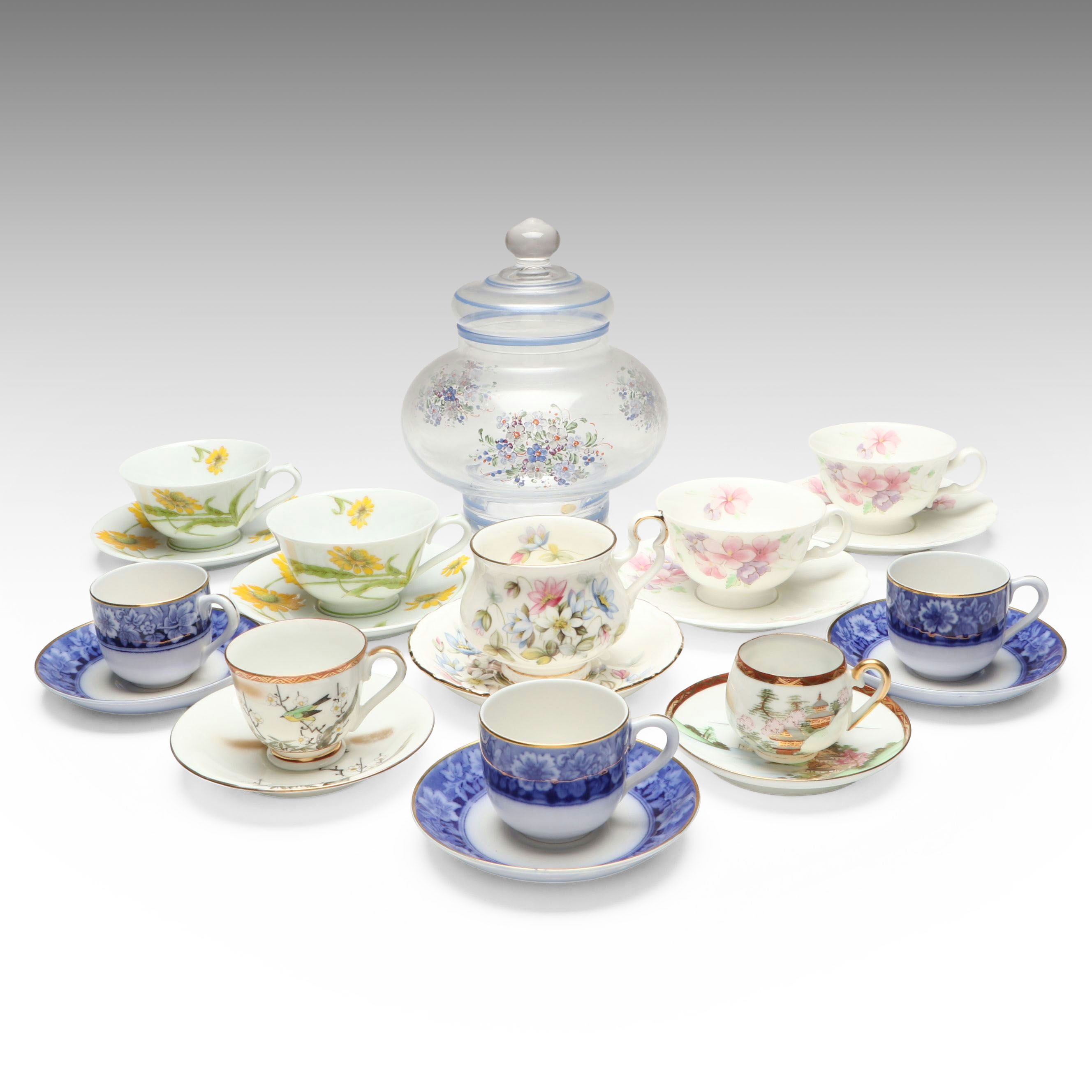 Italian Hand-Painted Glass Jar with Porcelain Cups and Saucers