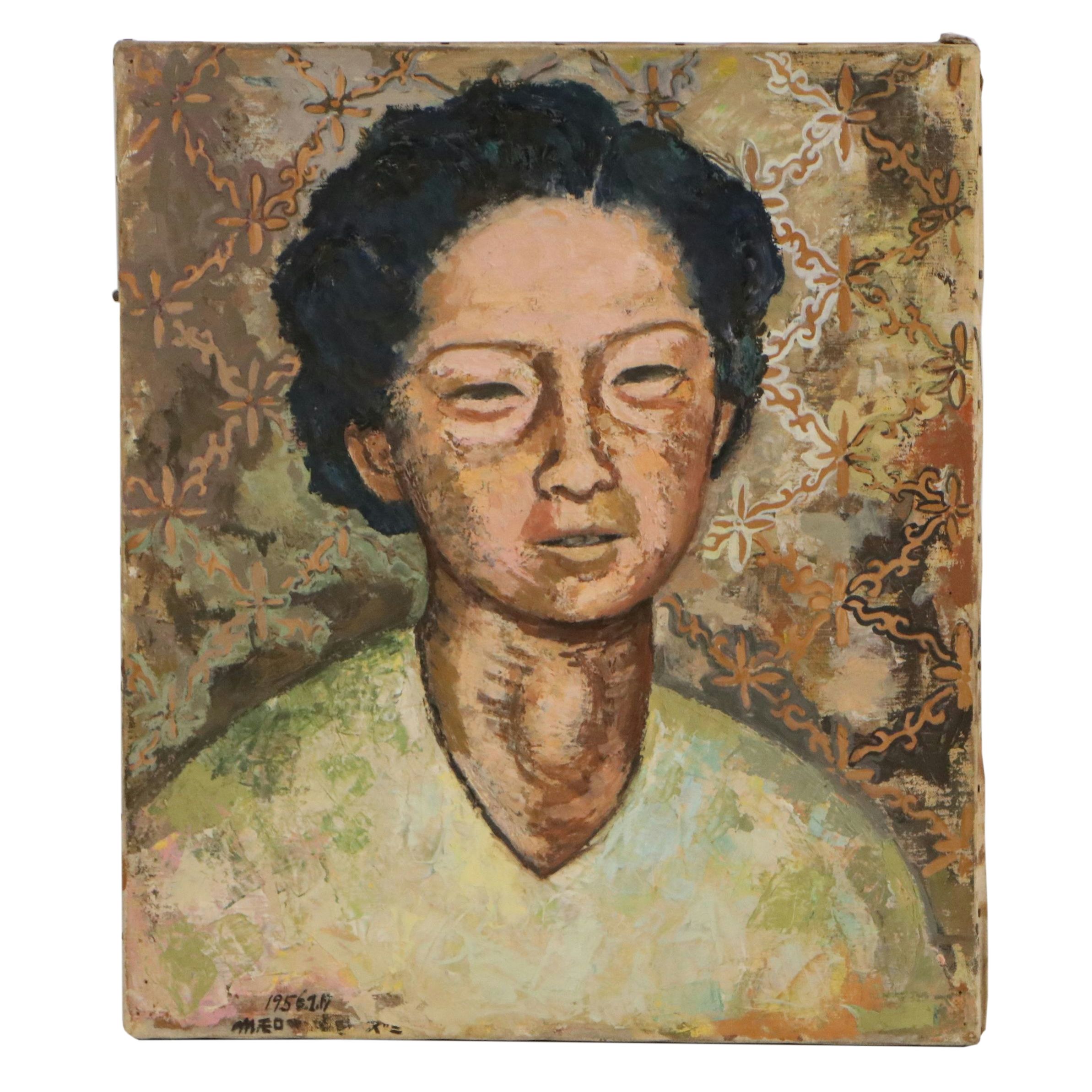 Japanese Modernism Portrait Oil Painting of Woman, 1956