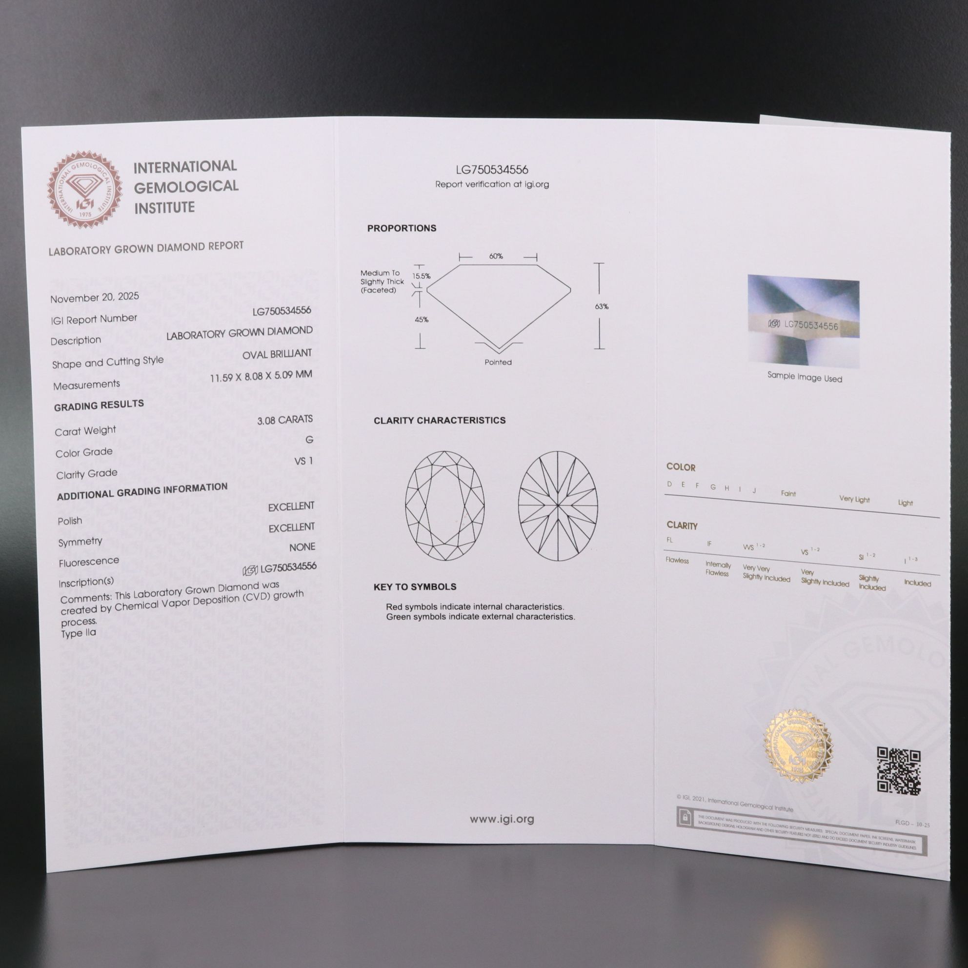 Loose 3.08 CT Lab Grown Diamond with IGI Report