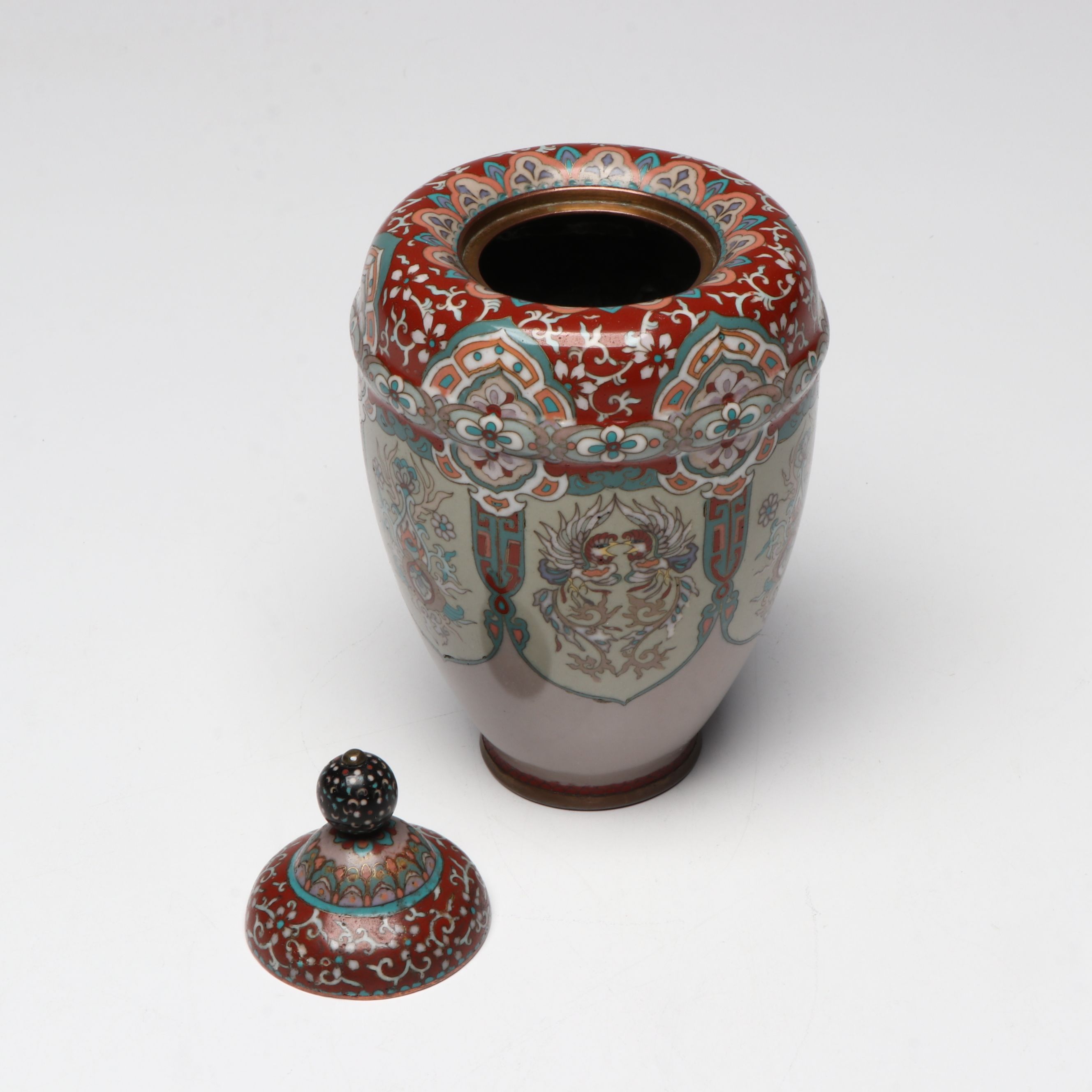 Thai or Chinese Bencharong Style Enameled Metal Jar