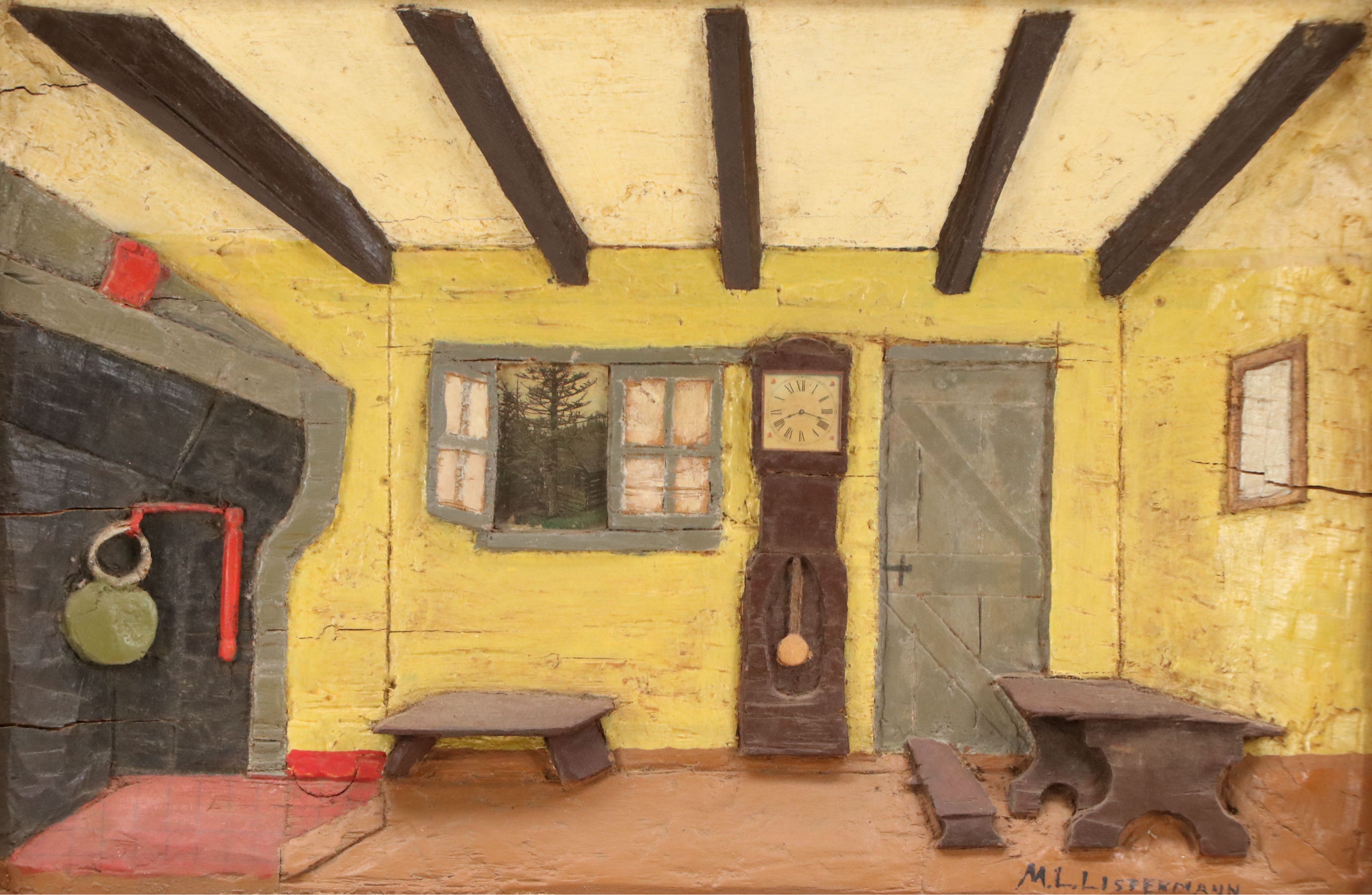 M. L. Listermann Folk Art Carved Wood Diorama Relief, Circa 1970