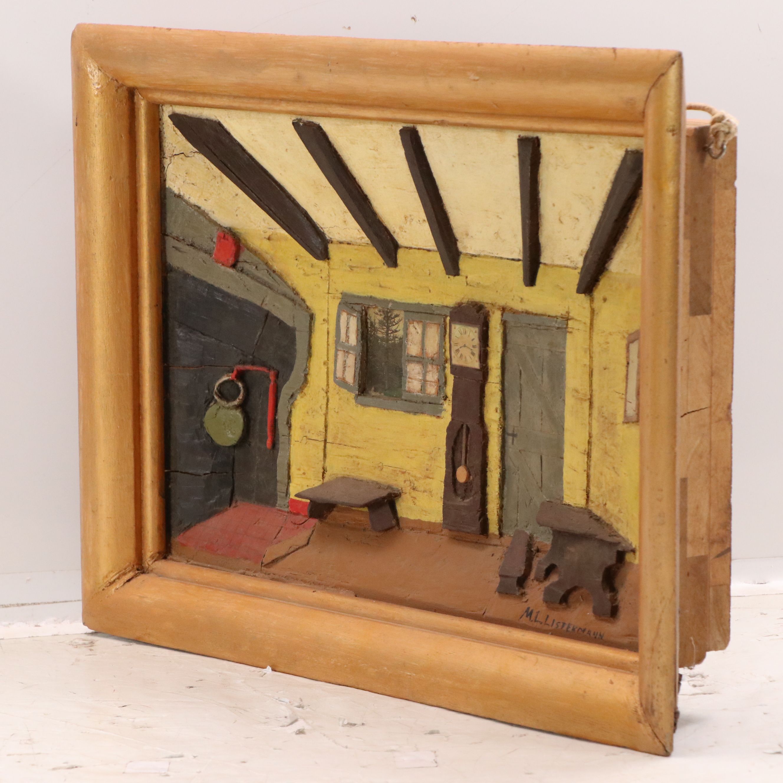 M. L. Listermann Folk Art Carved Wood Diorama Relief, Circa 1970