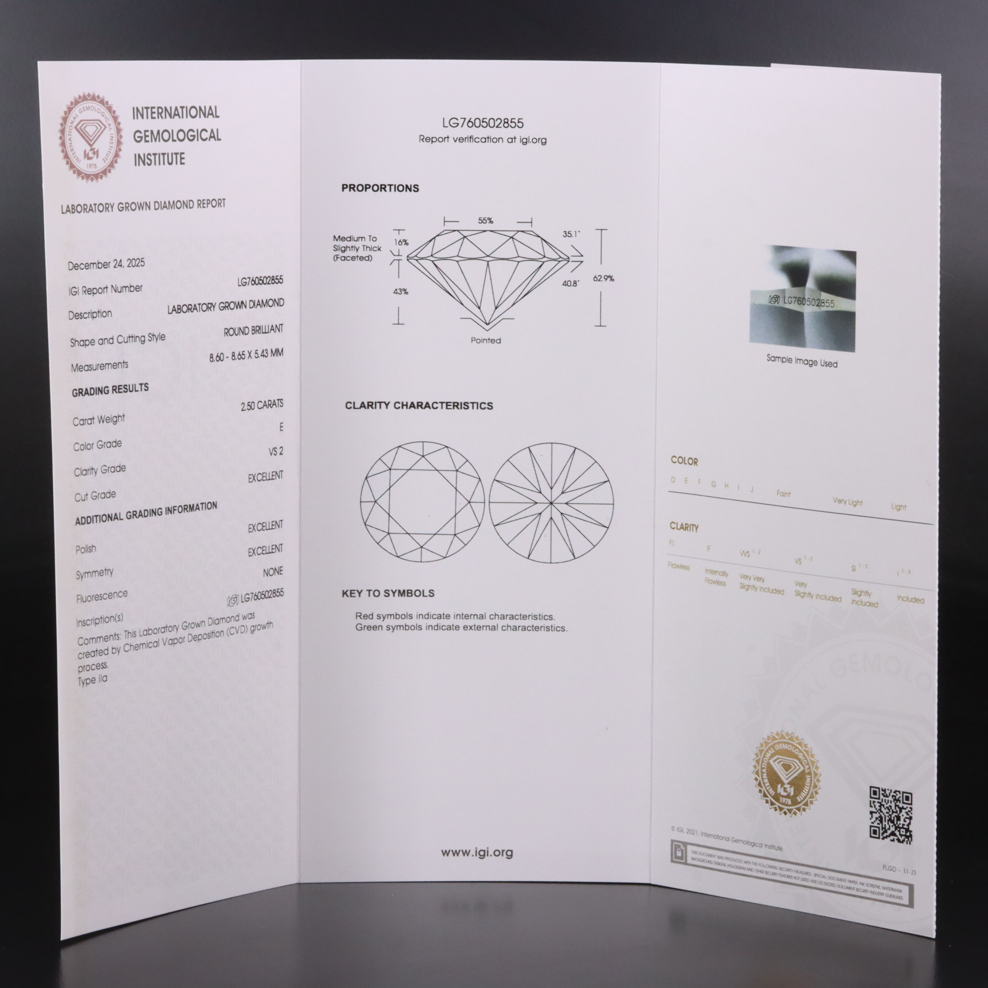 Loose 2.50 CT Lab Grown Diamond with IGI Report