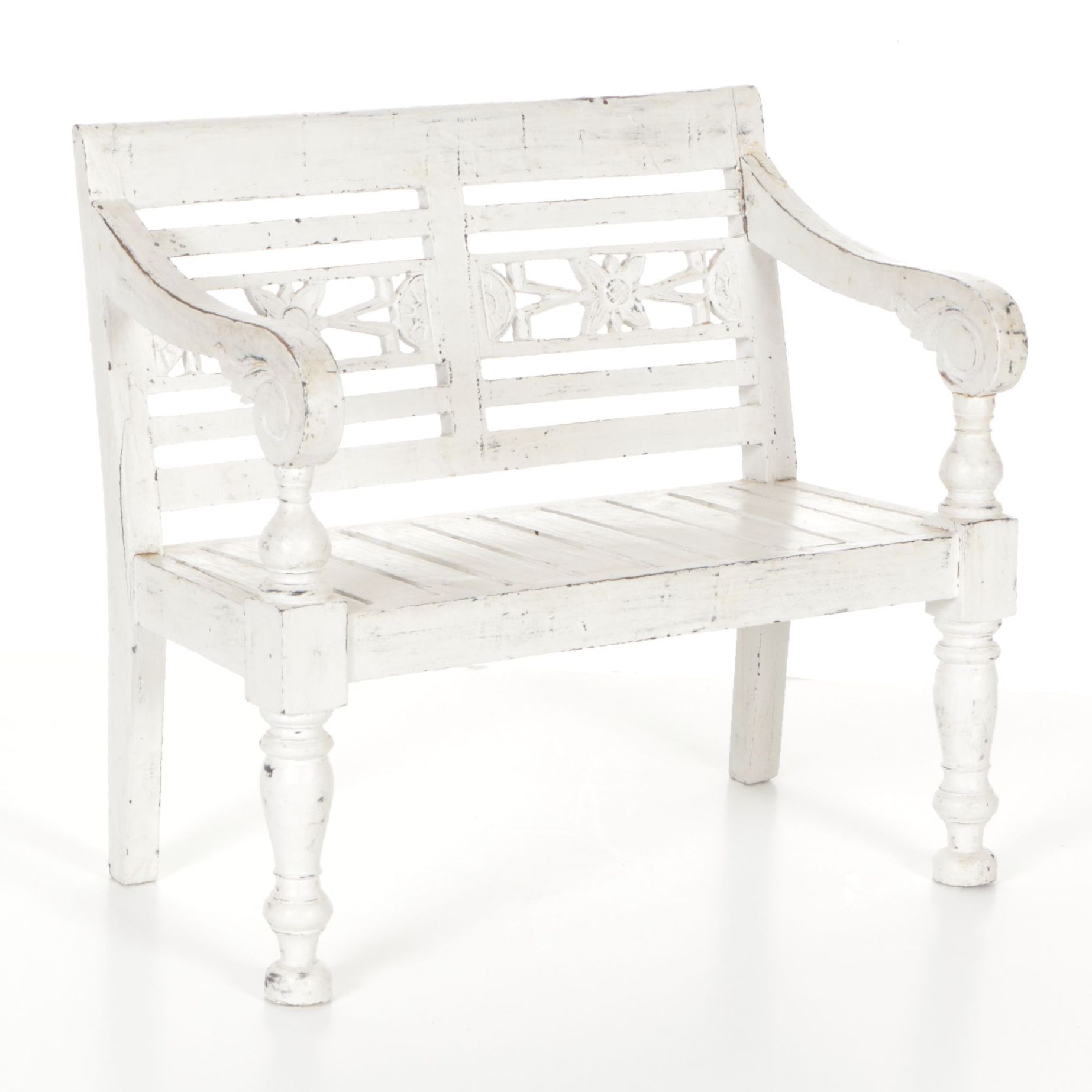 White Miniature Farmhouse Bench with Flower Cut-Out Motif