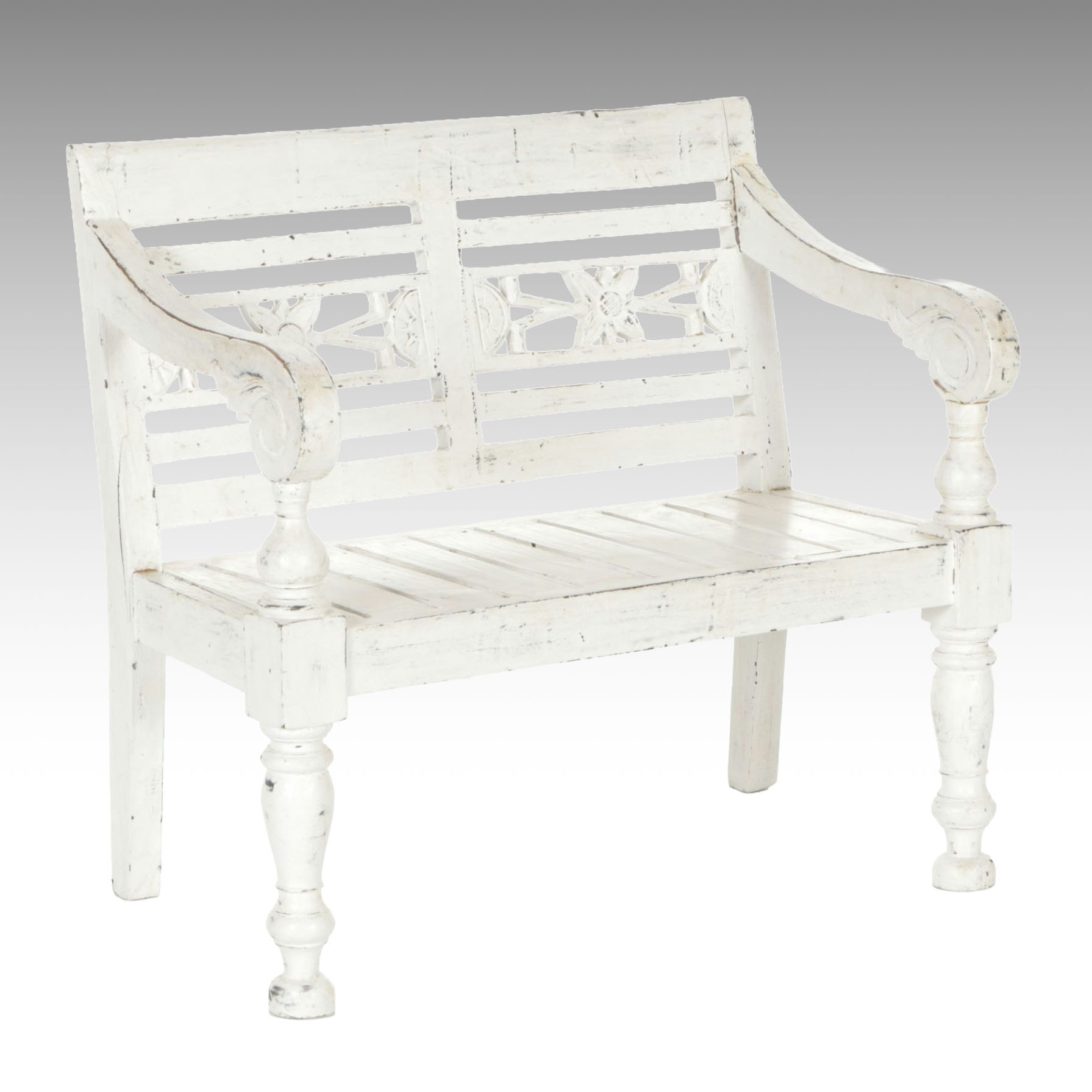 White Miniature Farmhouse Bench with Flower Cut-Out Motif