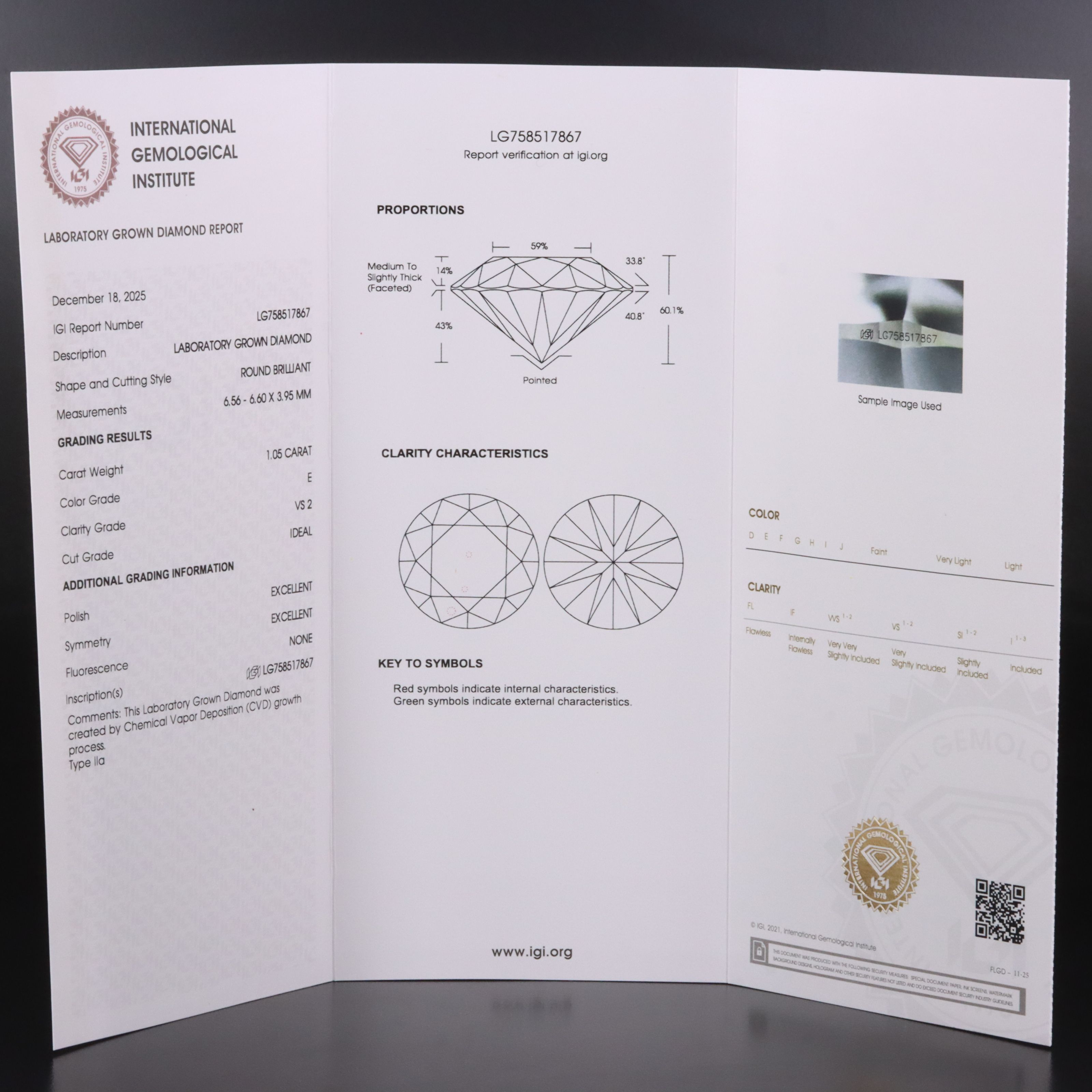 Loose 1.05 CT Lab Grown Diamond with IGI Report