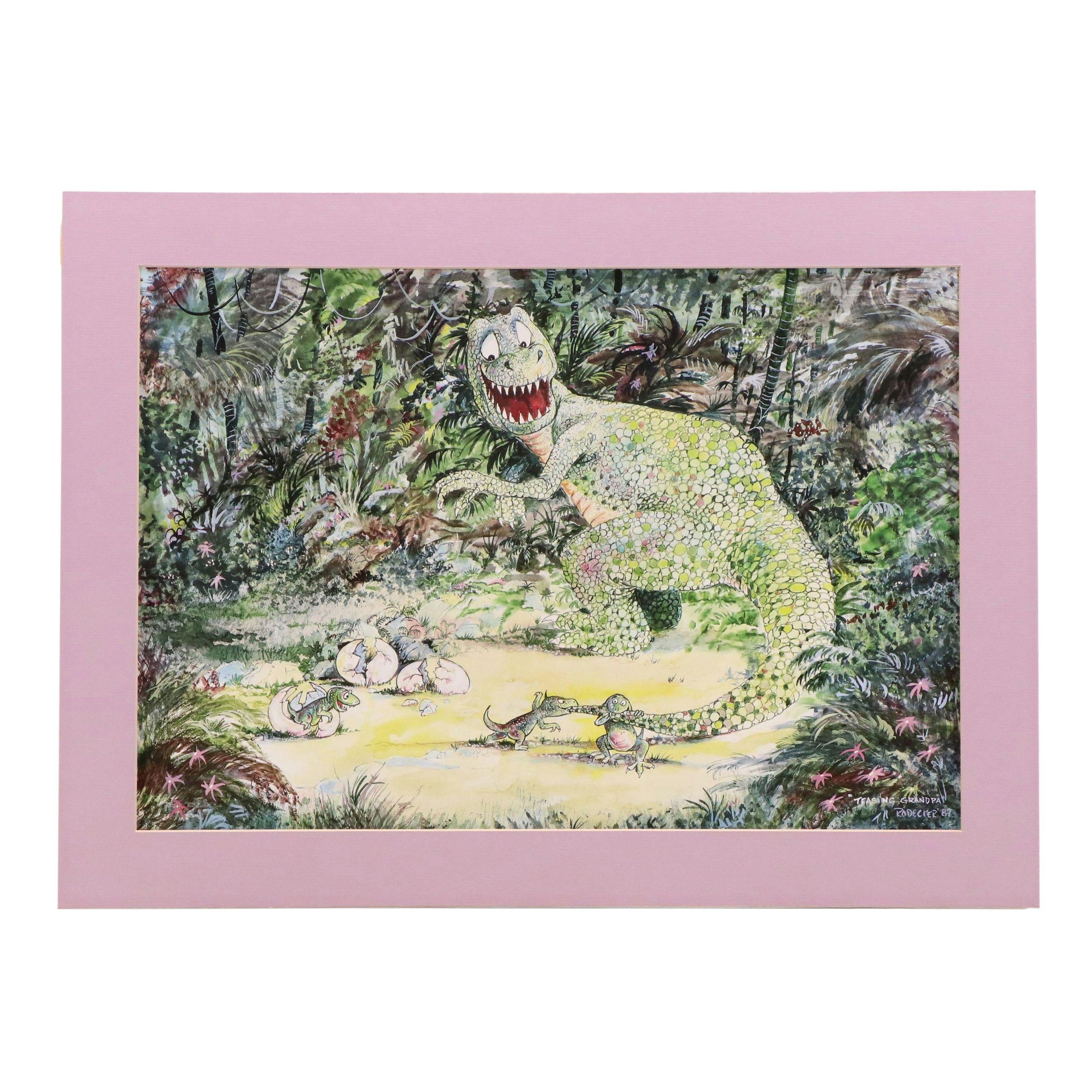 After Ron Rodecker Offset Lithograph "Teasing Grandpa" Circa 1987