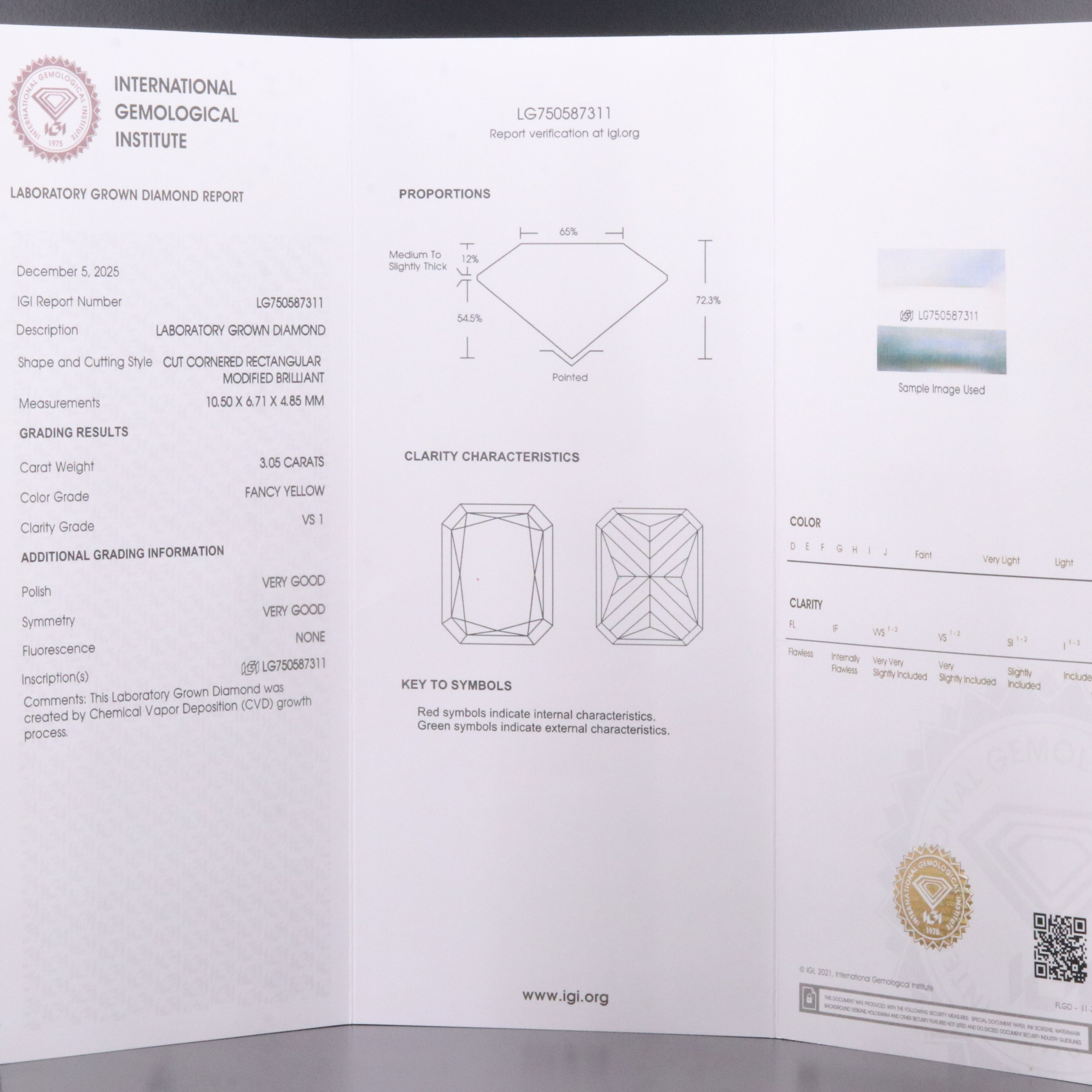 Loose 3.05 CT Lab Grown Fancy Yellow Diamond with IGI Report