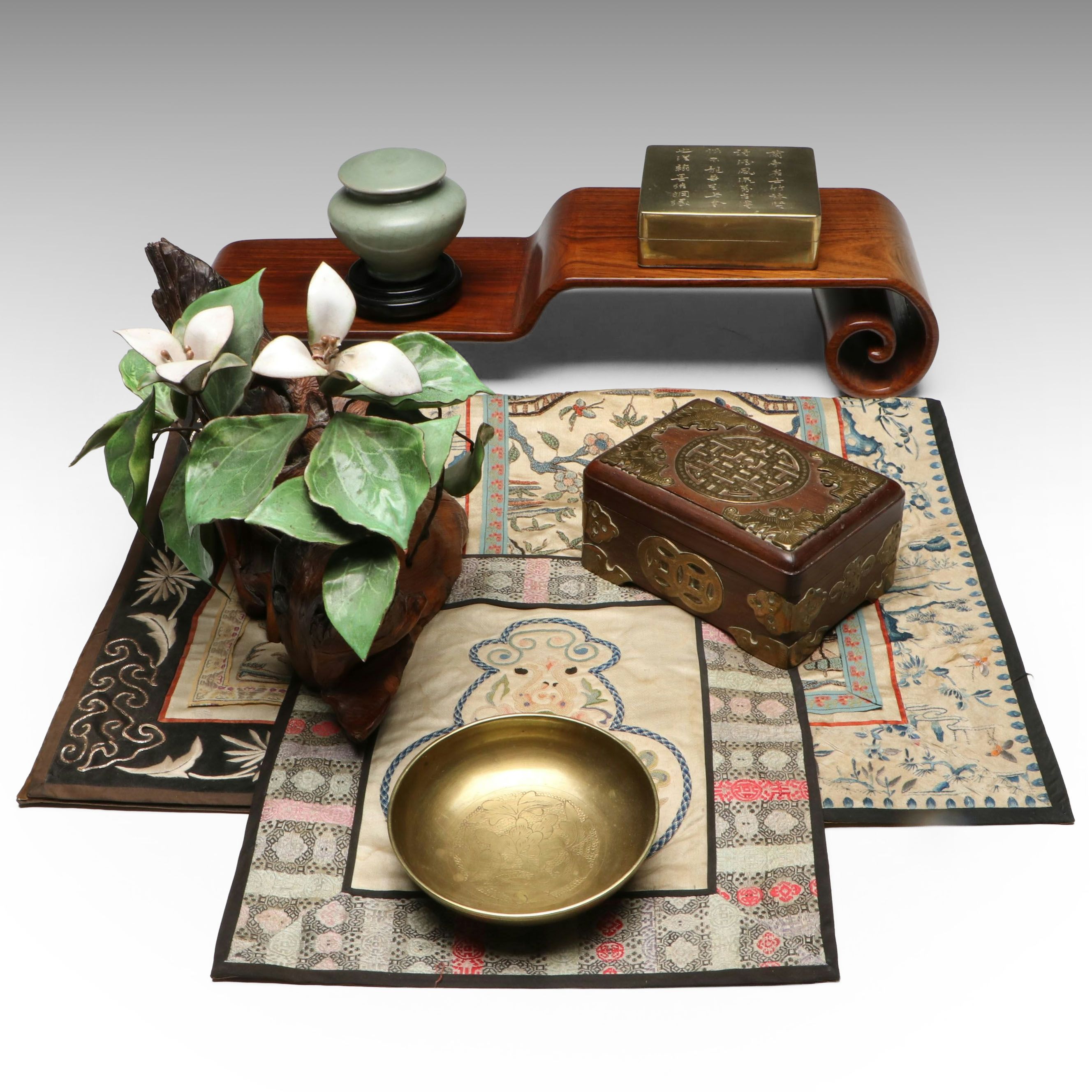 Norman Brumm Trillium Enamel Sculpture with Chinese Brass Box and More Décor