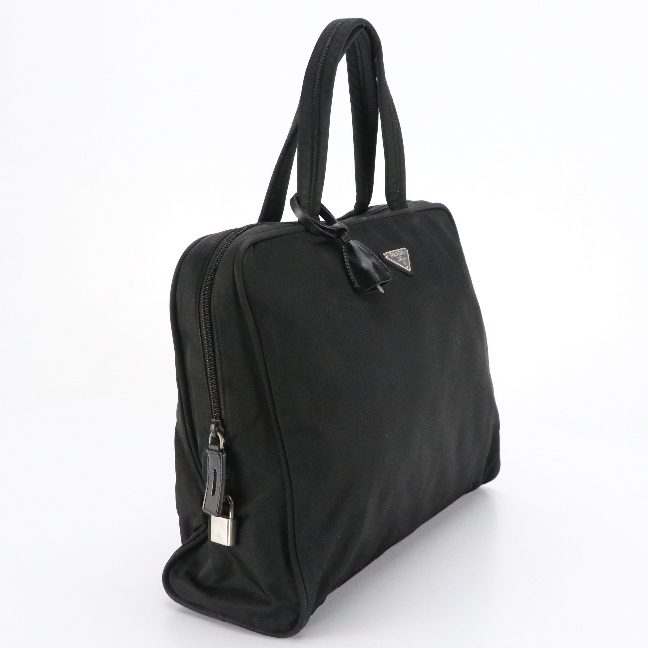 Prada Top Handle Locking Bag in Black Tessuto Nylon