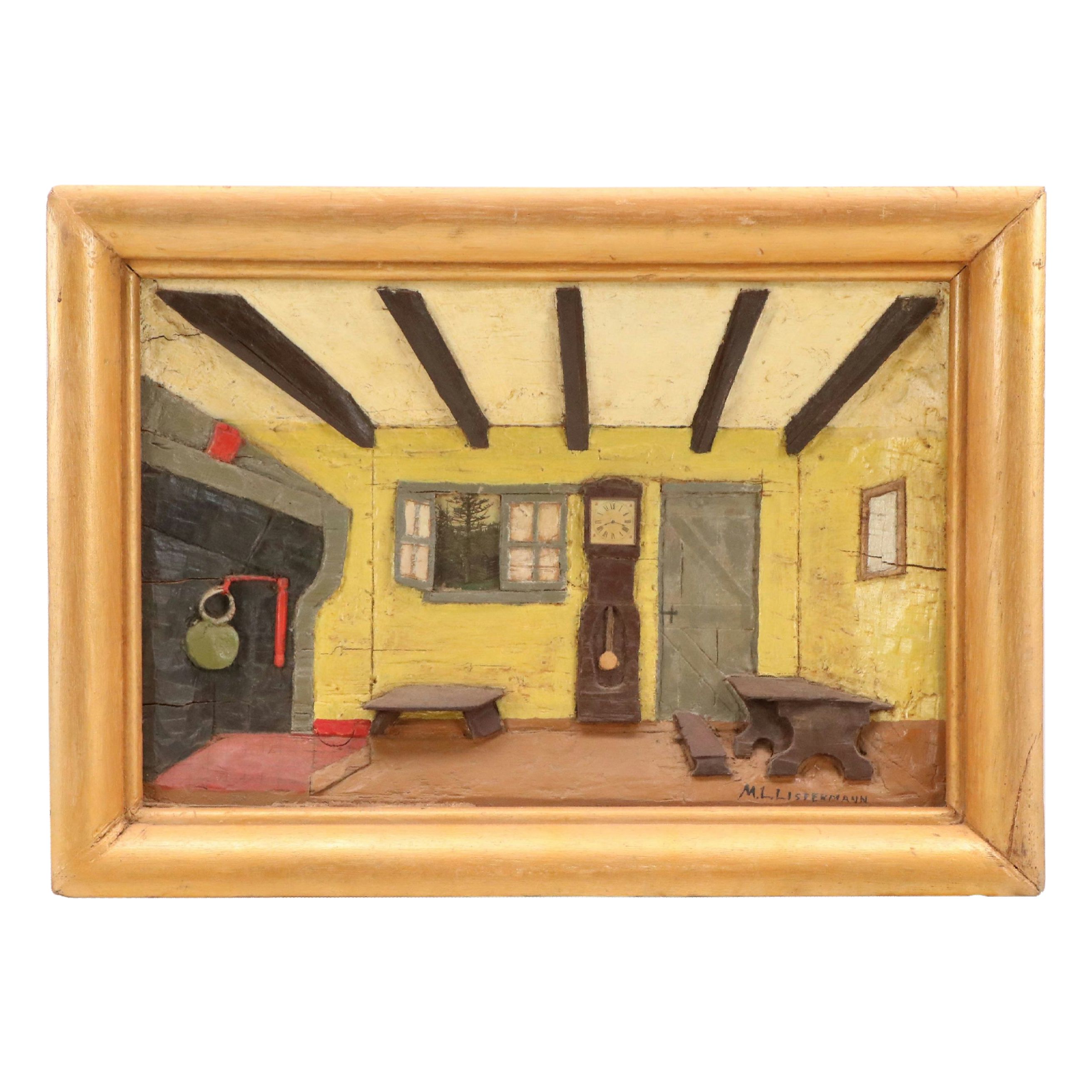 M. L. Listermann Folk Art Carved Wood Diorama Relief, Circa 1970