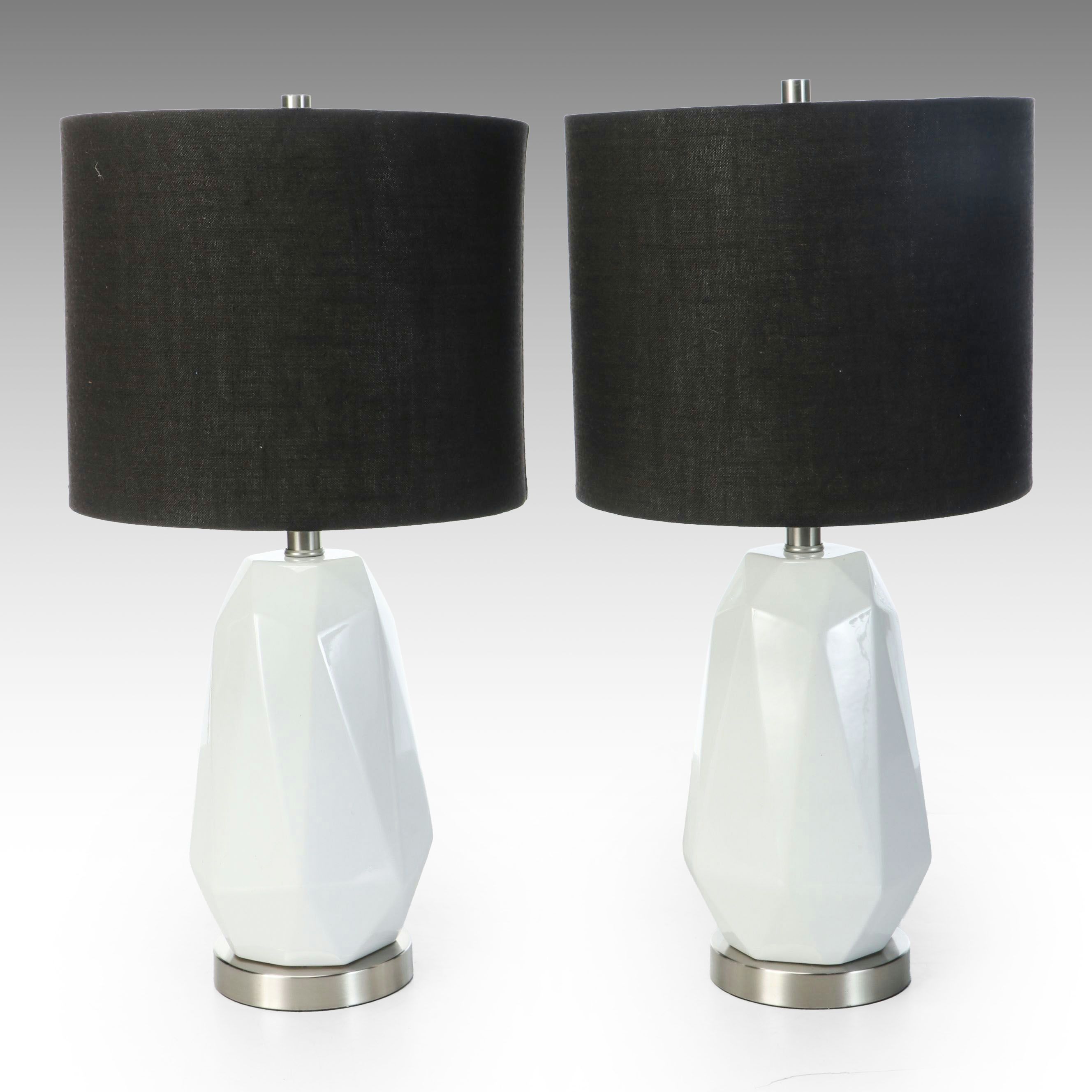 White Geometric Ceramic Table Lamps with Black Cotton Shades