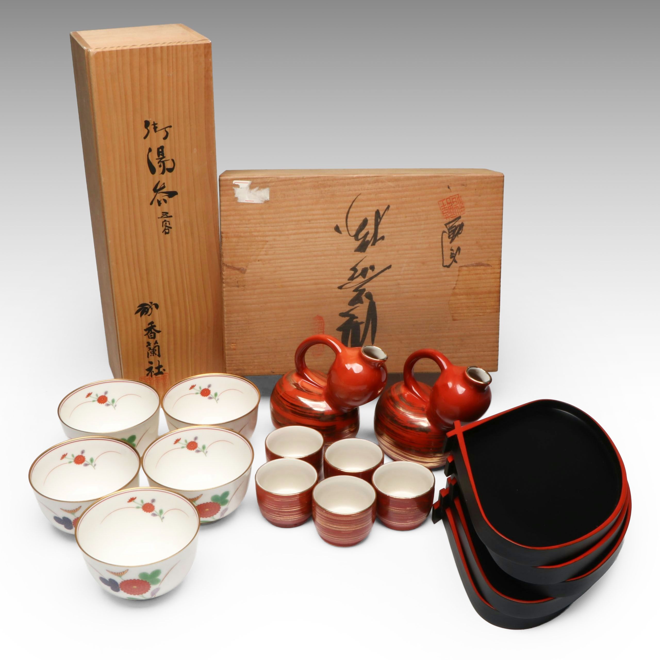 Japanese Koransha Porcelain Tea Bowls with Pitchers, Cups and Serving Dishes