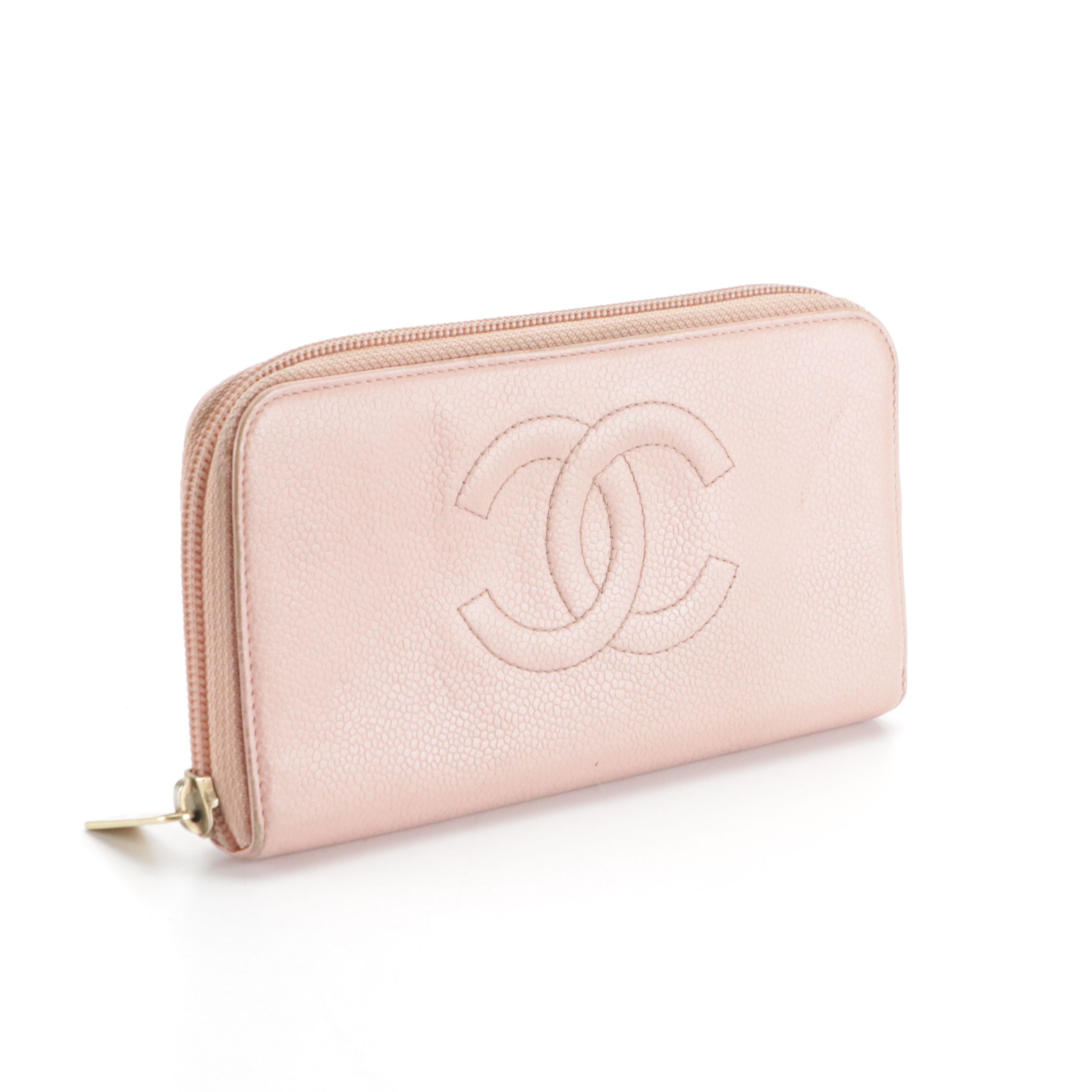 Chanel CC Stitched Zip Around Wallet in Pink Caviar Leather, With Box