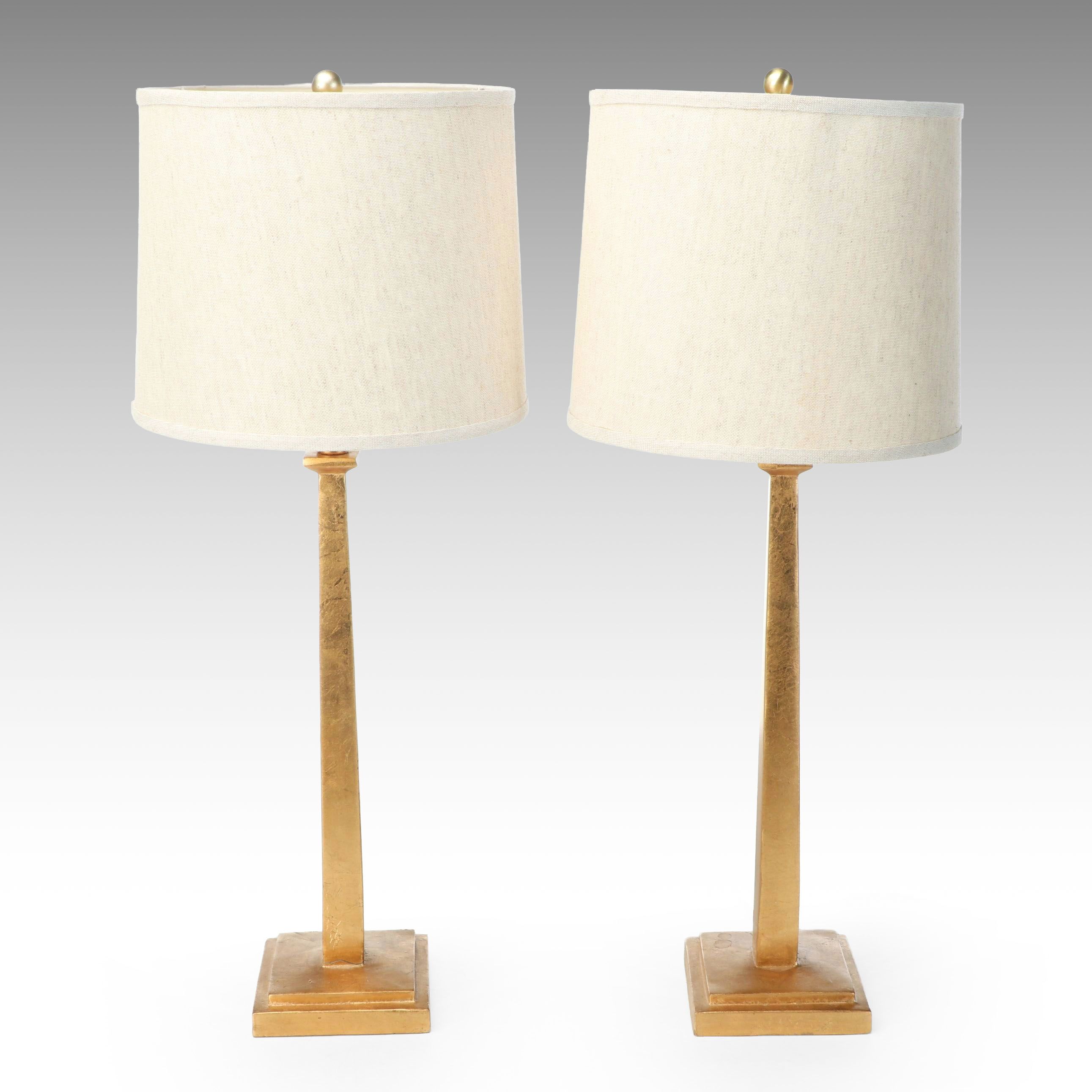 Safavieh Andino Gilt Wood Table Lamps with Slubbed Cotton Drum Shades
