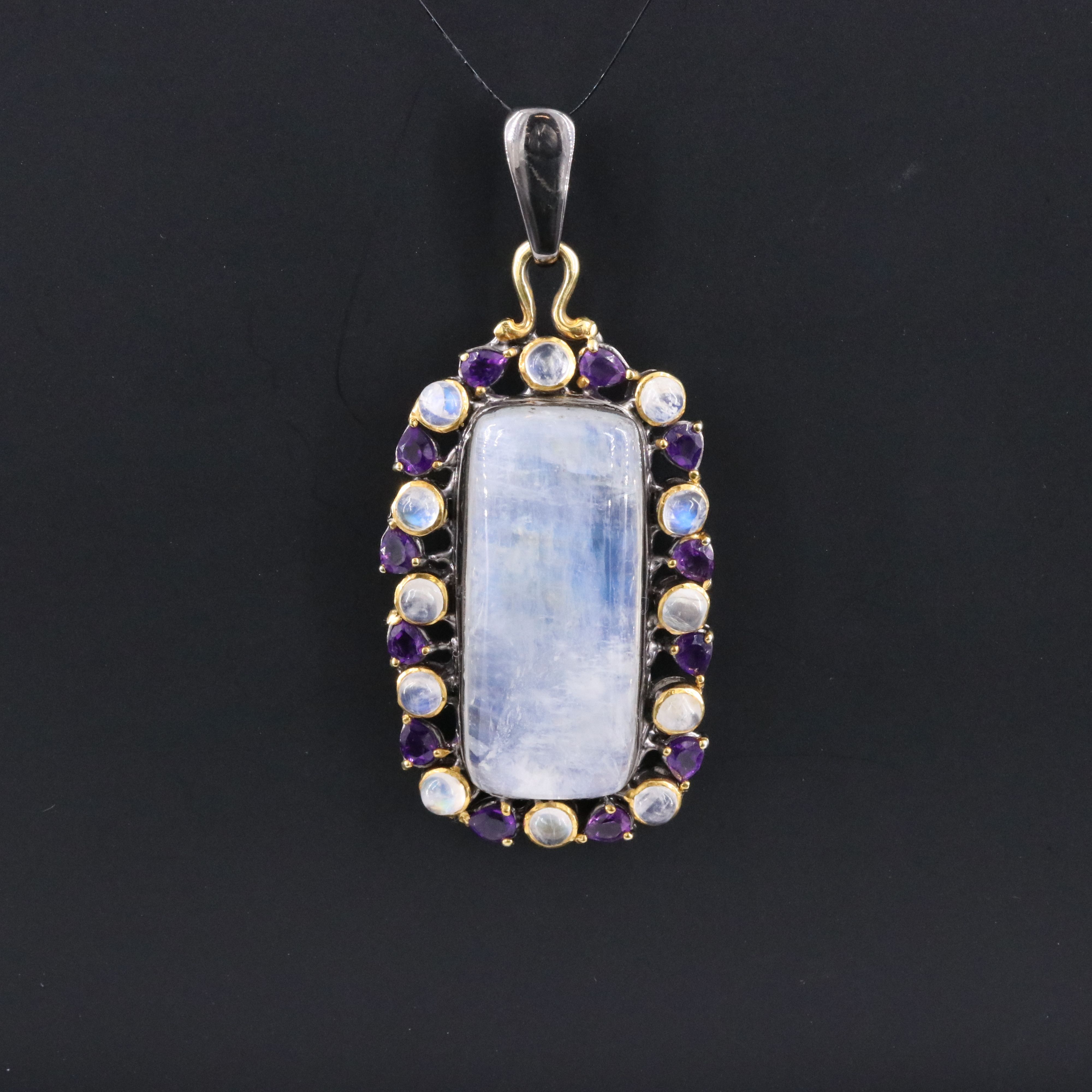 Sterling Rainbow Moonstone and Amethyst Halo Pendant
