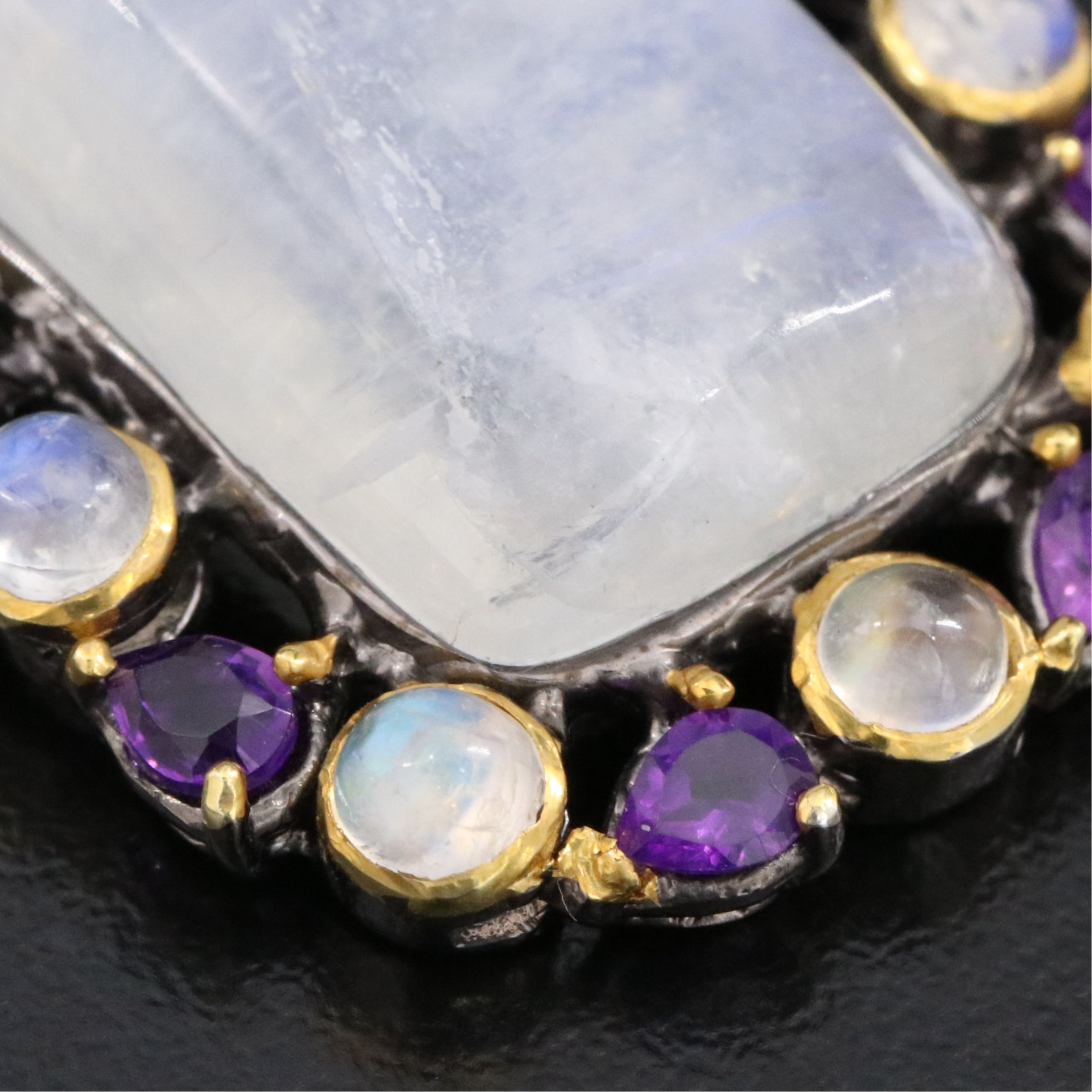Sterling Rainbow Moonstone and Amethyst Halo Pendant
