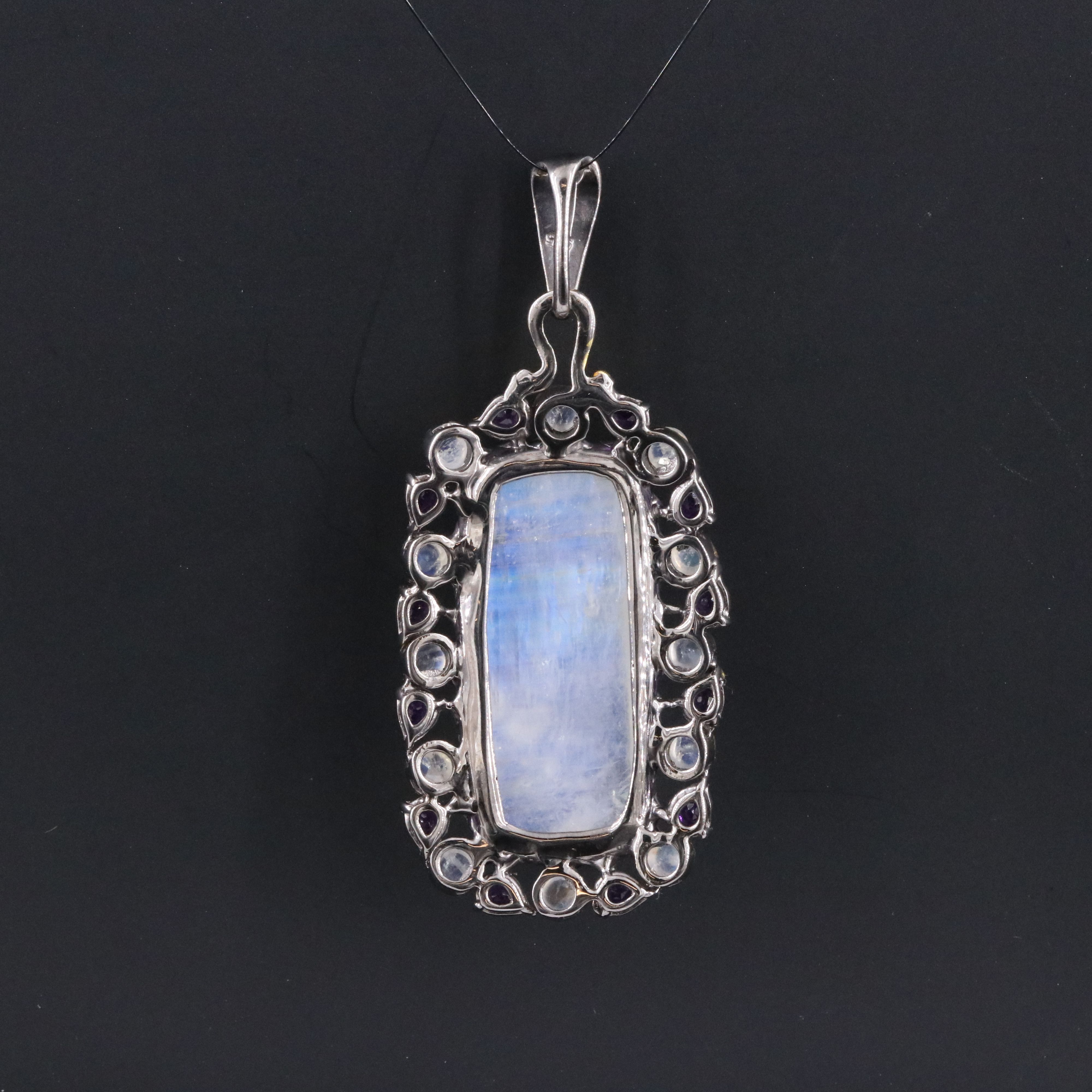 Sterling Rainbow Moonstone and Amethyst Halo Pendant