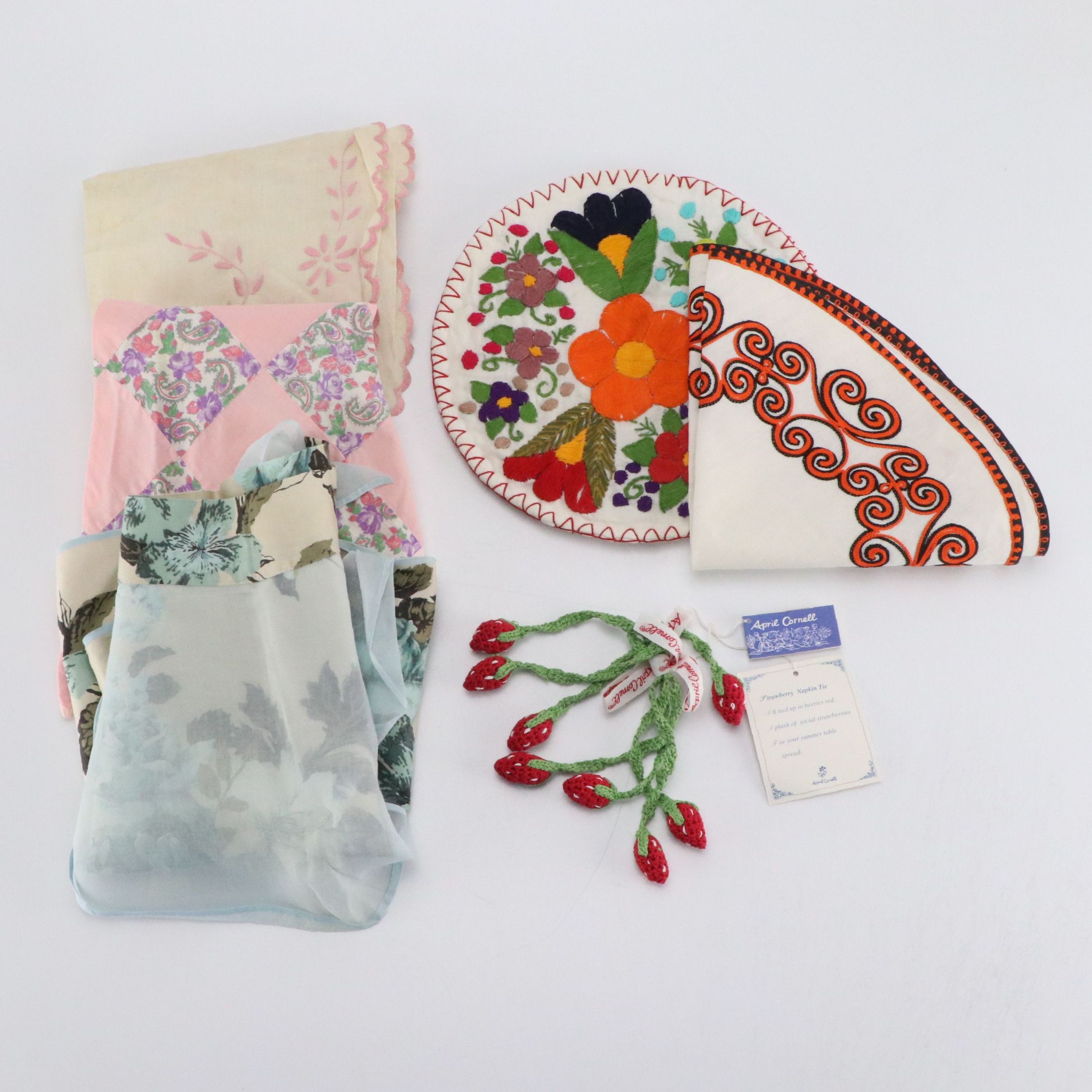 Vintage Half Aprons, Embroidered Place Mats and Crochet Berry Napkin Ties
