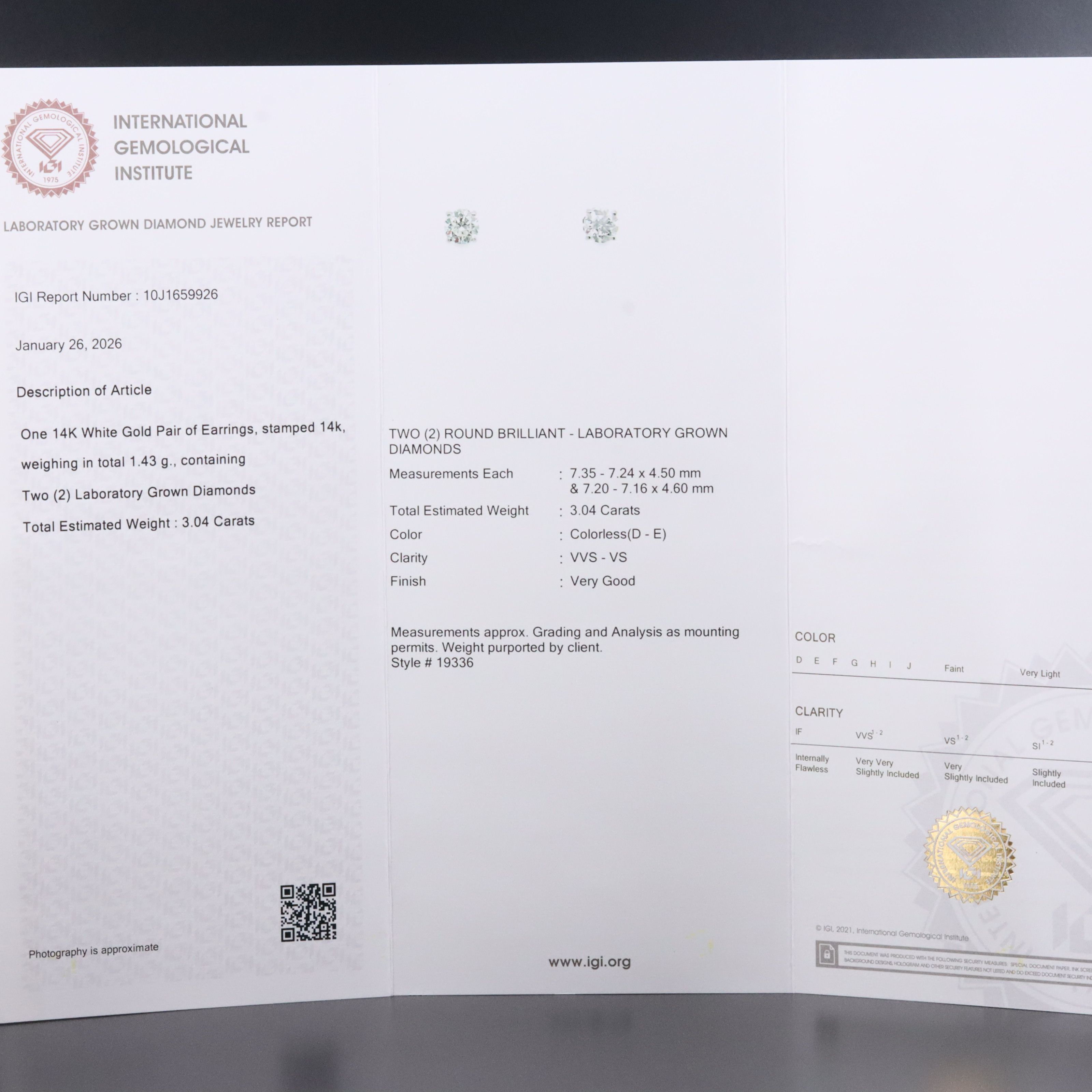 14K 3.04 CTW Lab Grown Diamond Stud Earrings with IGI Jewelry Report