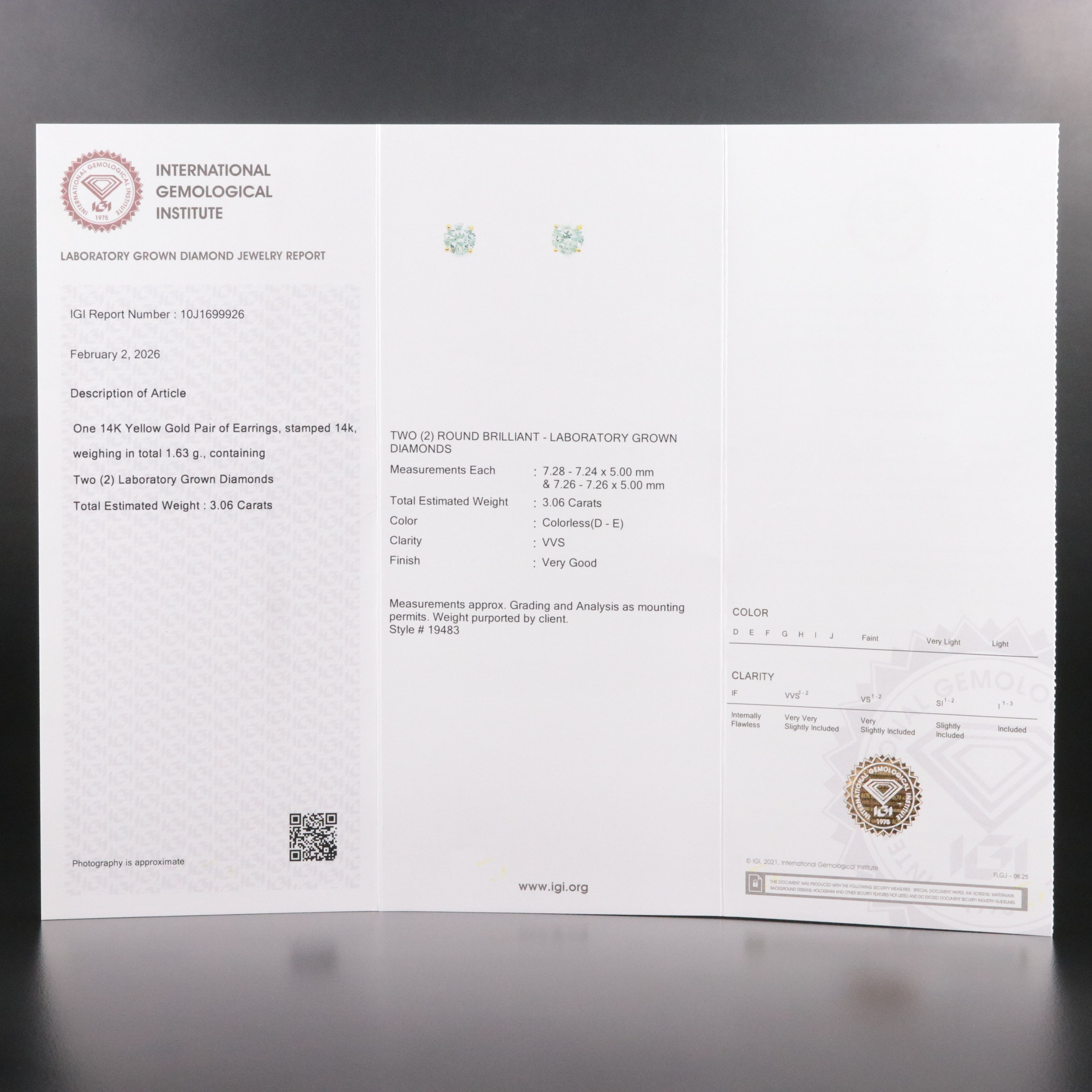 14K 3.06 CTW Lab Grown Diamond Solitaire Earrings with IGI Jewelry Report