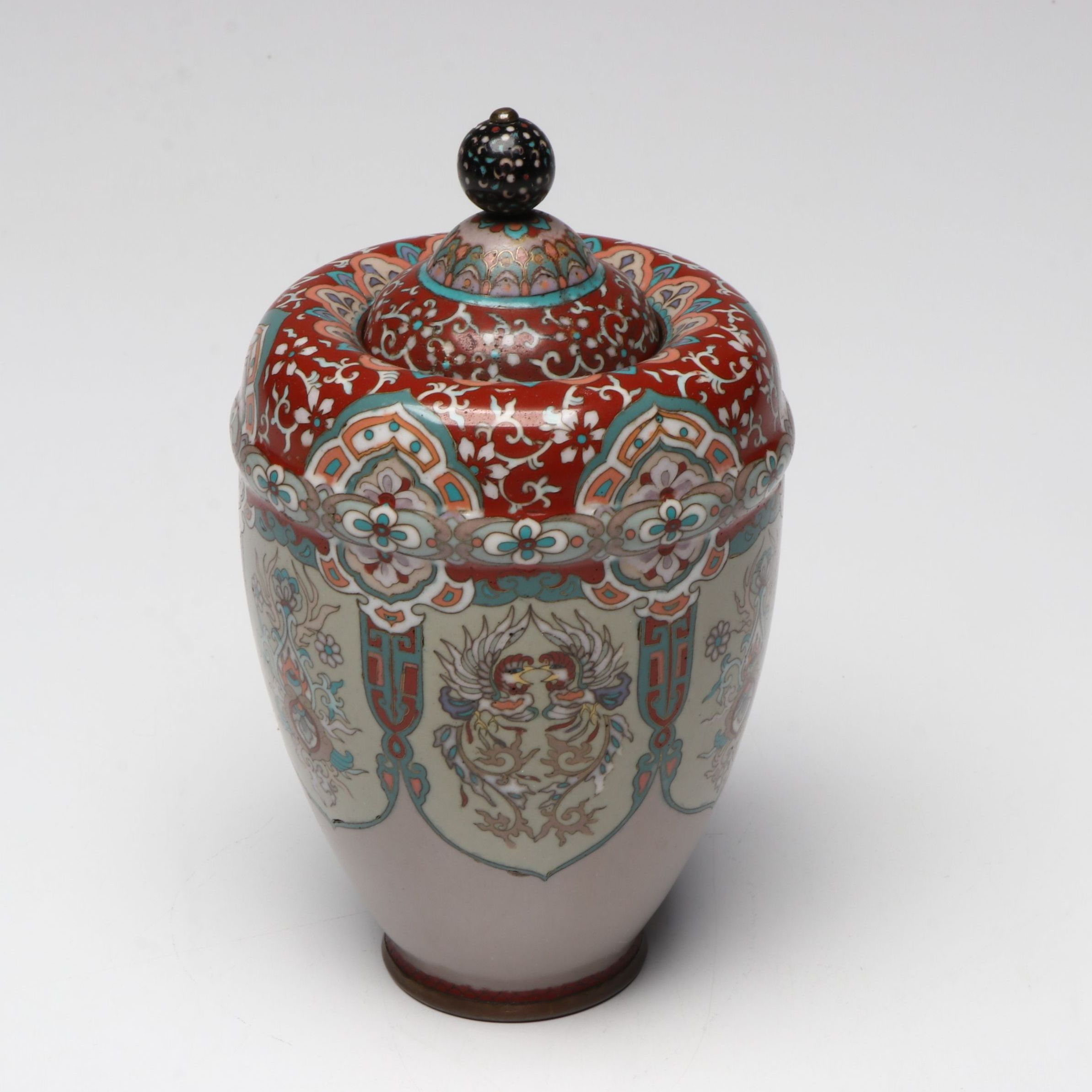 Thai or Chinese Bencharong Style Enameled Metal Jar