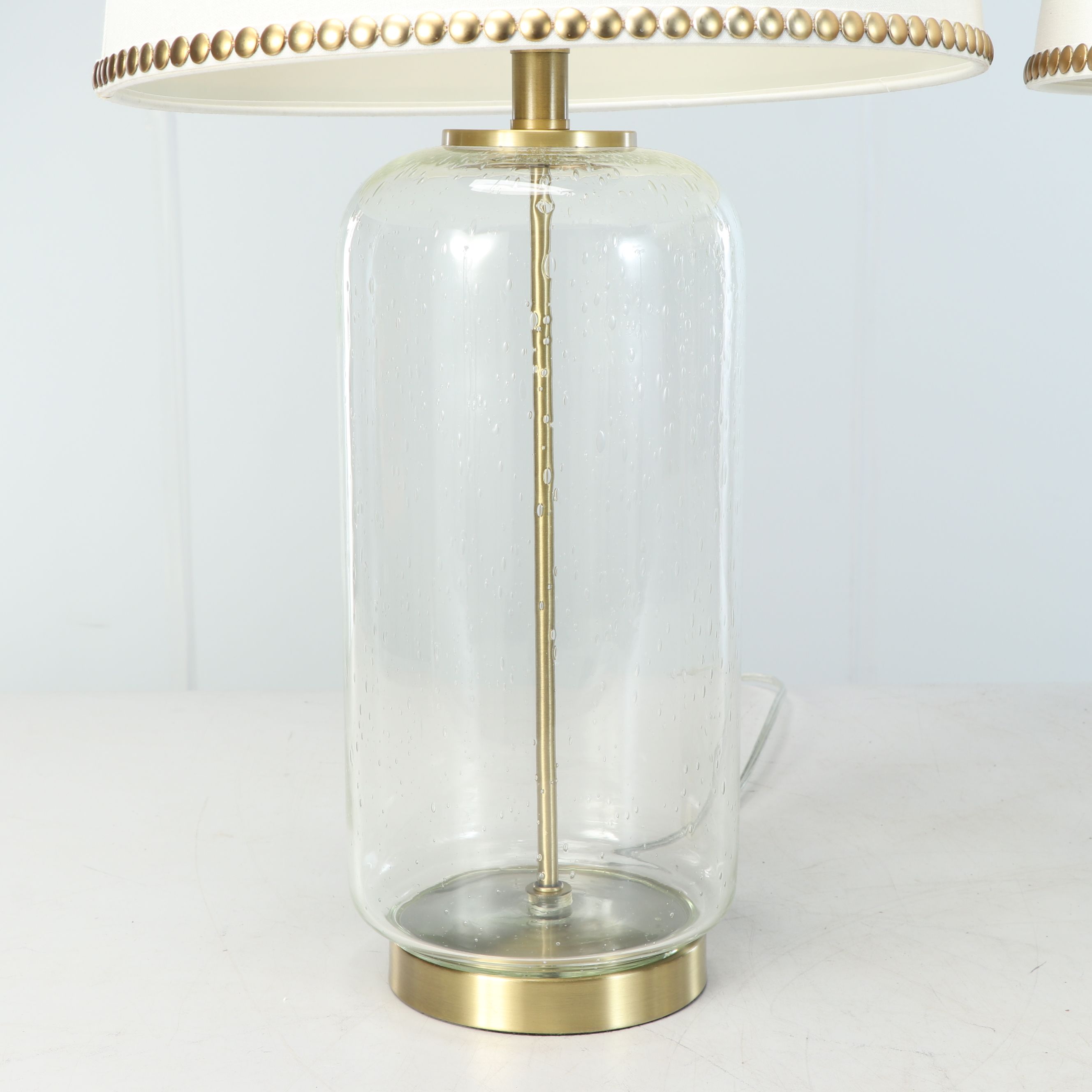 Seed Glass Cylinder Table Lamps with Nailhead Trim Drum Shades