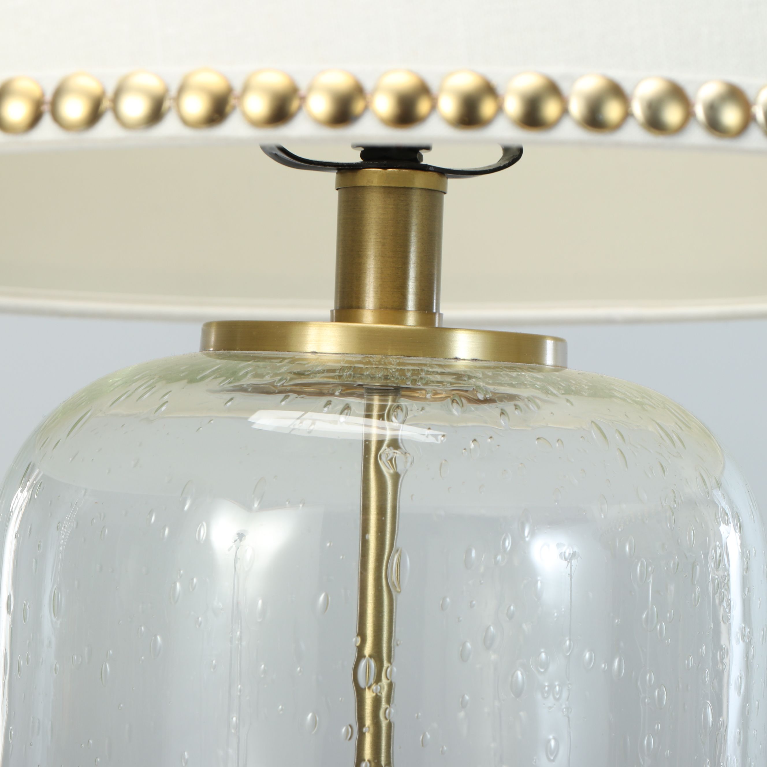 Seed Glass Cylinder Table Lamps with Nailhead Trim Drum Shades
