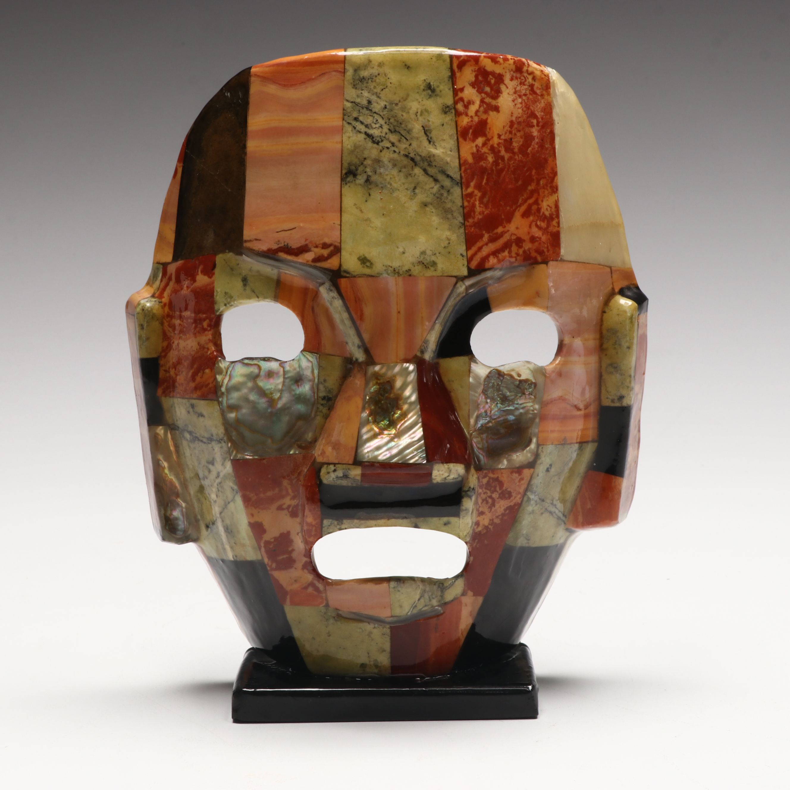Aztec Style Colored Stone and Abalone Death Mask on Base