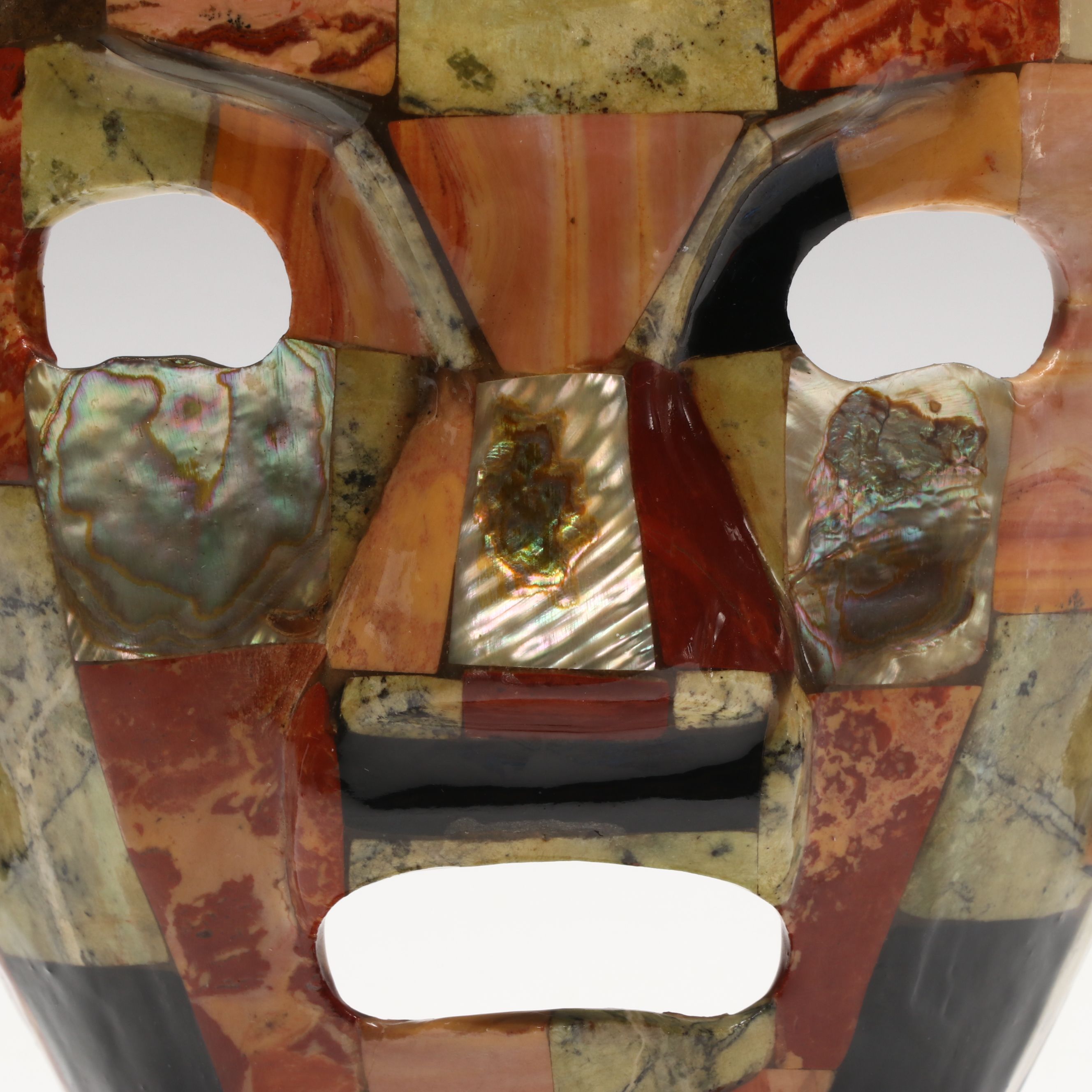 Aztec Style Colored Stone and Abalone Death Mask on Base