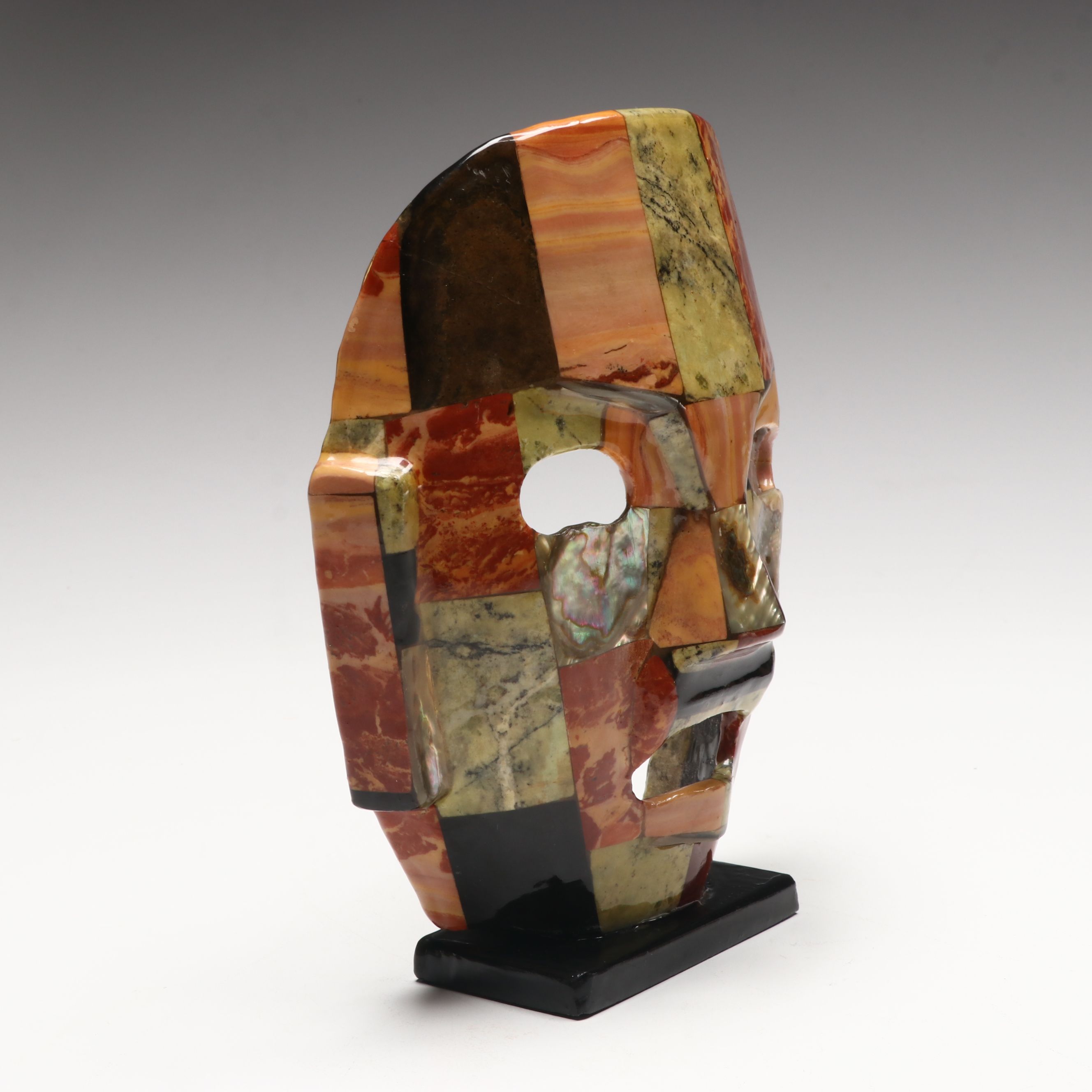 Aztec Style Colored Stone and Abalone Death Mask on Base