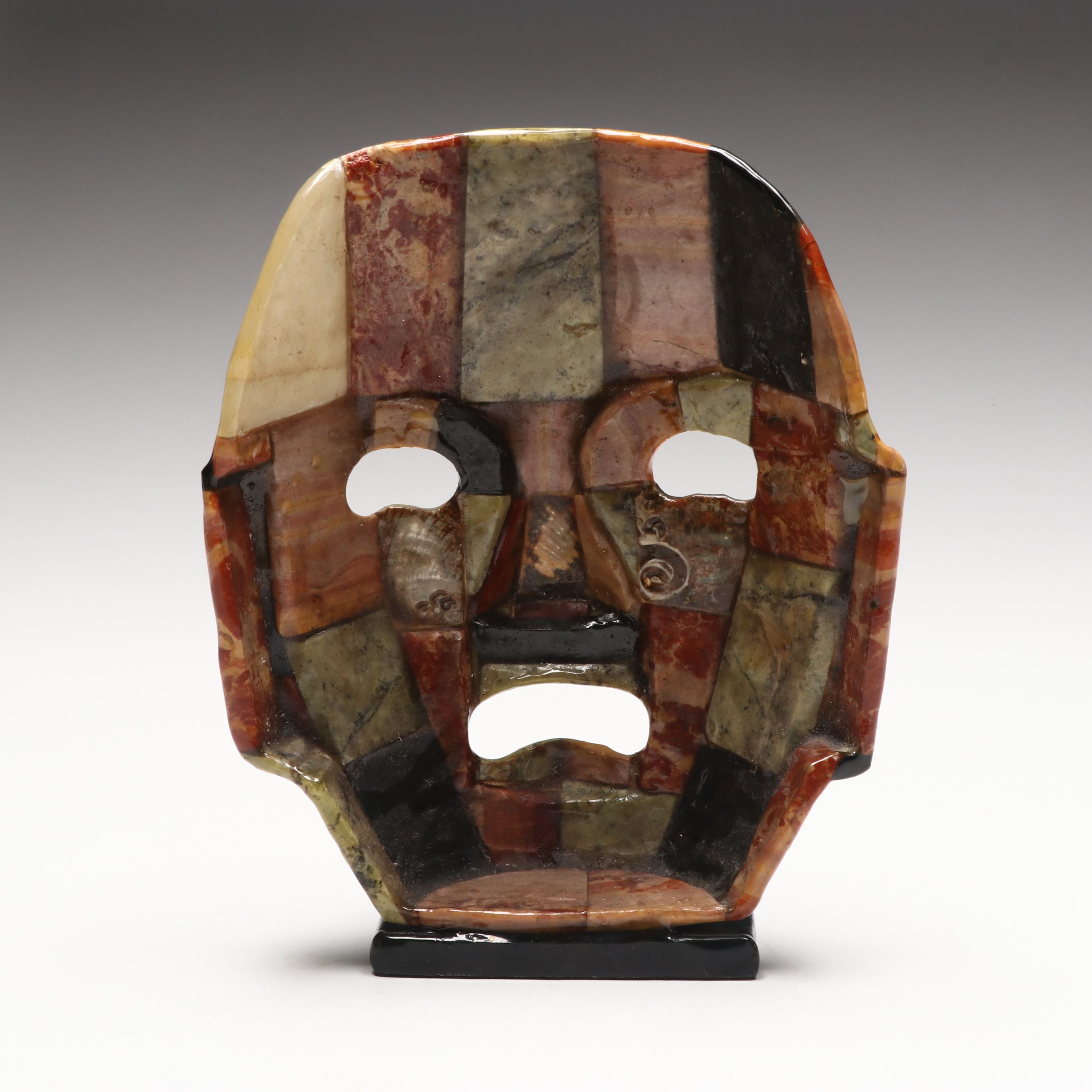 Aztec Style Colored Stone and Abalone Death Mask on Base