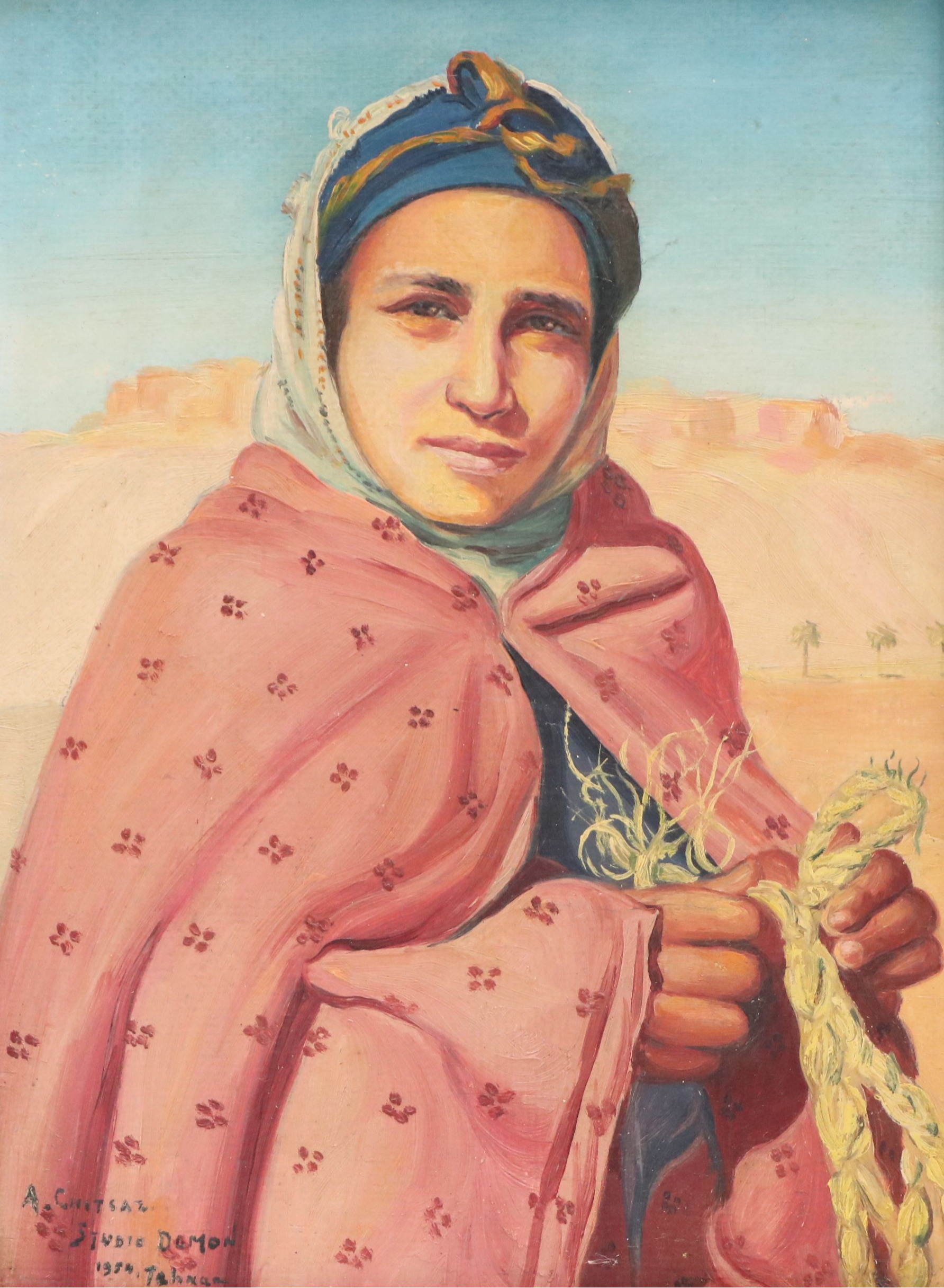 Studio Demon Portrait Oil Painting of Woman in Desert Landscape, 1954