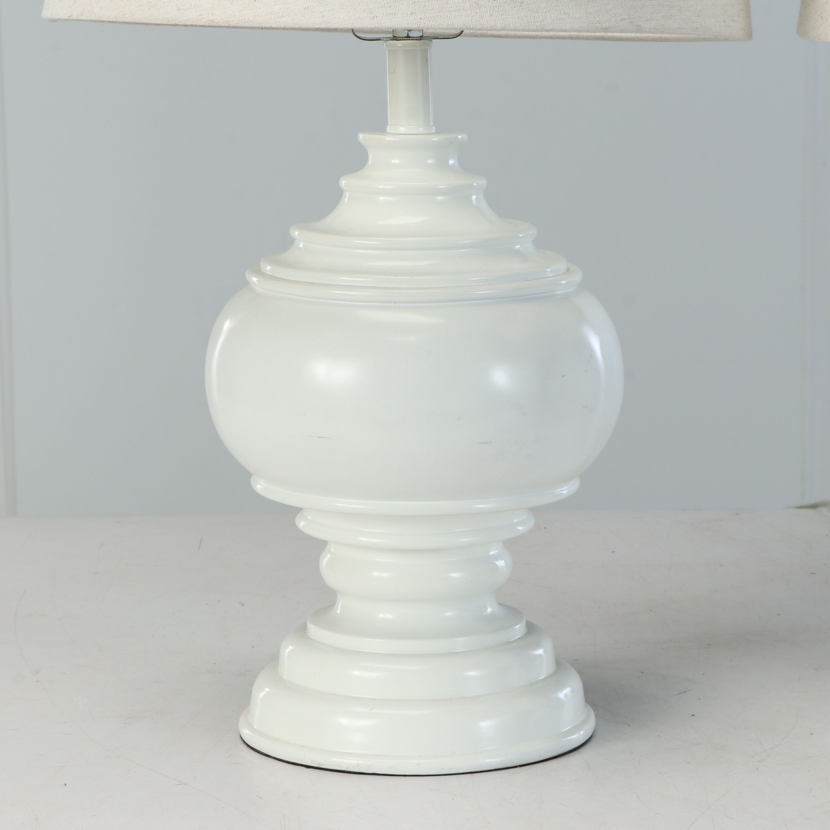 Pair of White Pedestal Baluster Table Lamps with Slubbed Cotton Shades, 2017